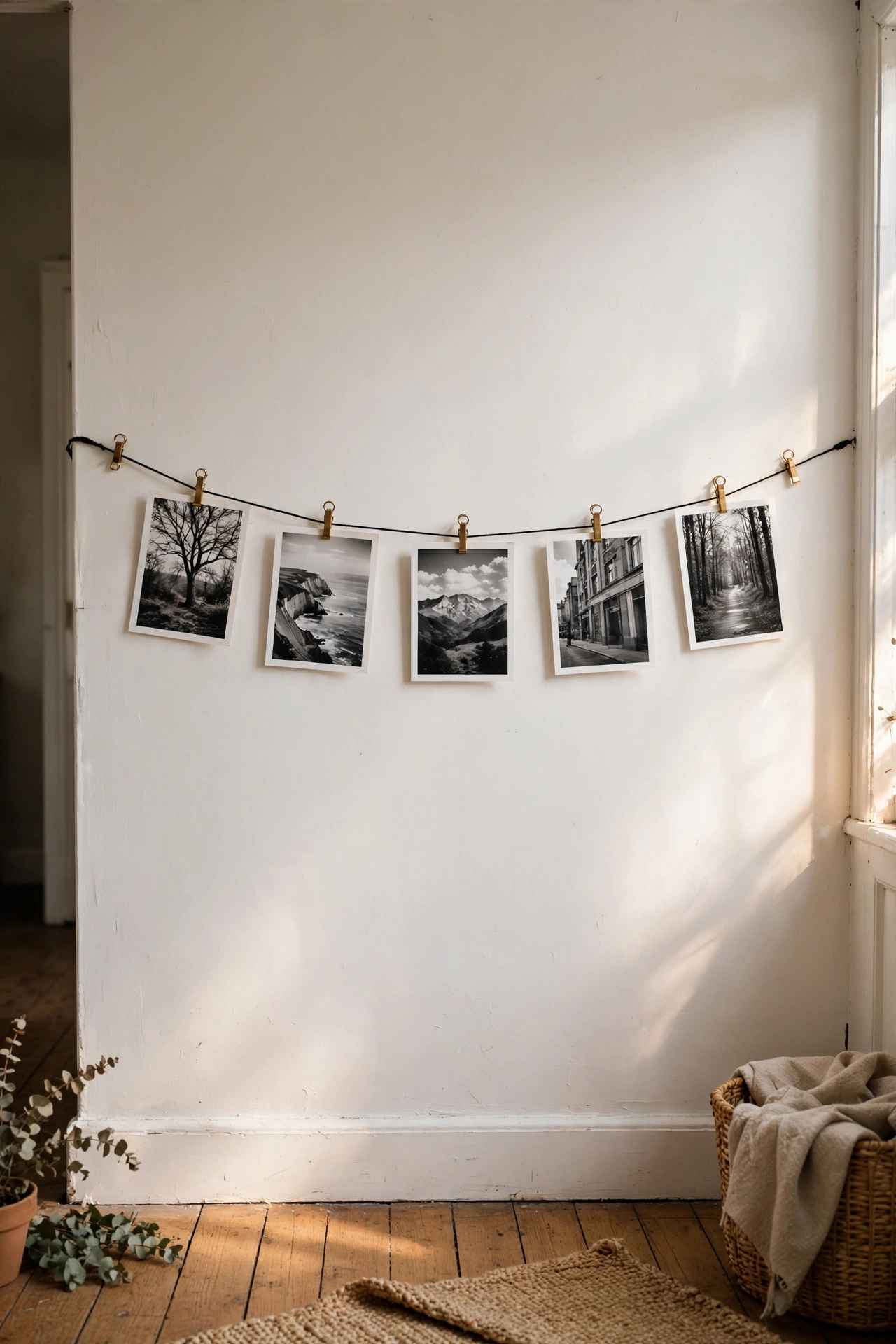 Black cord photo rail with five black and white prints in a hallway