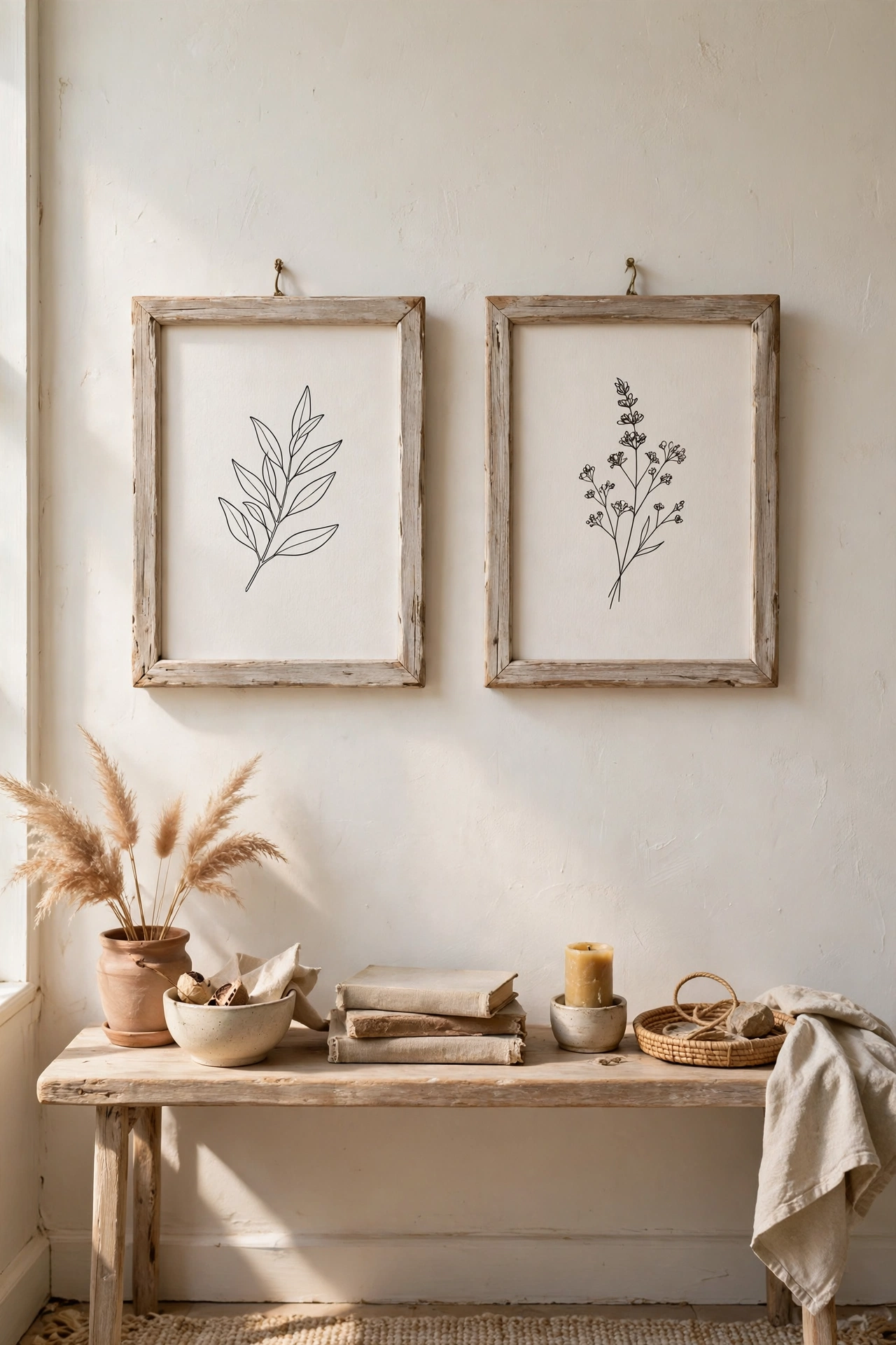 Bleached wood picture frames with simple prints on a pale wall