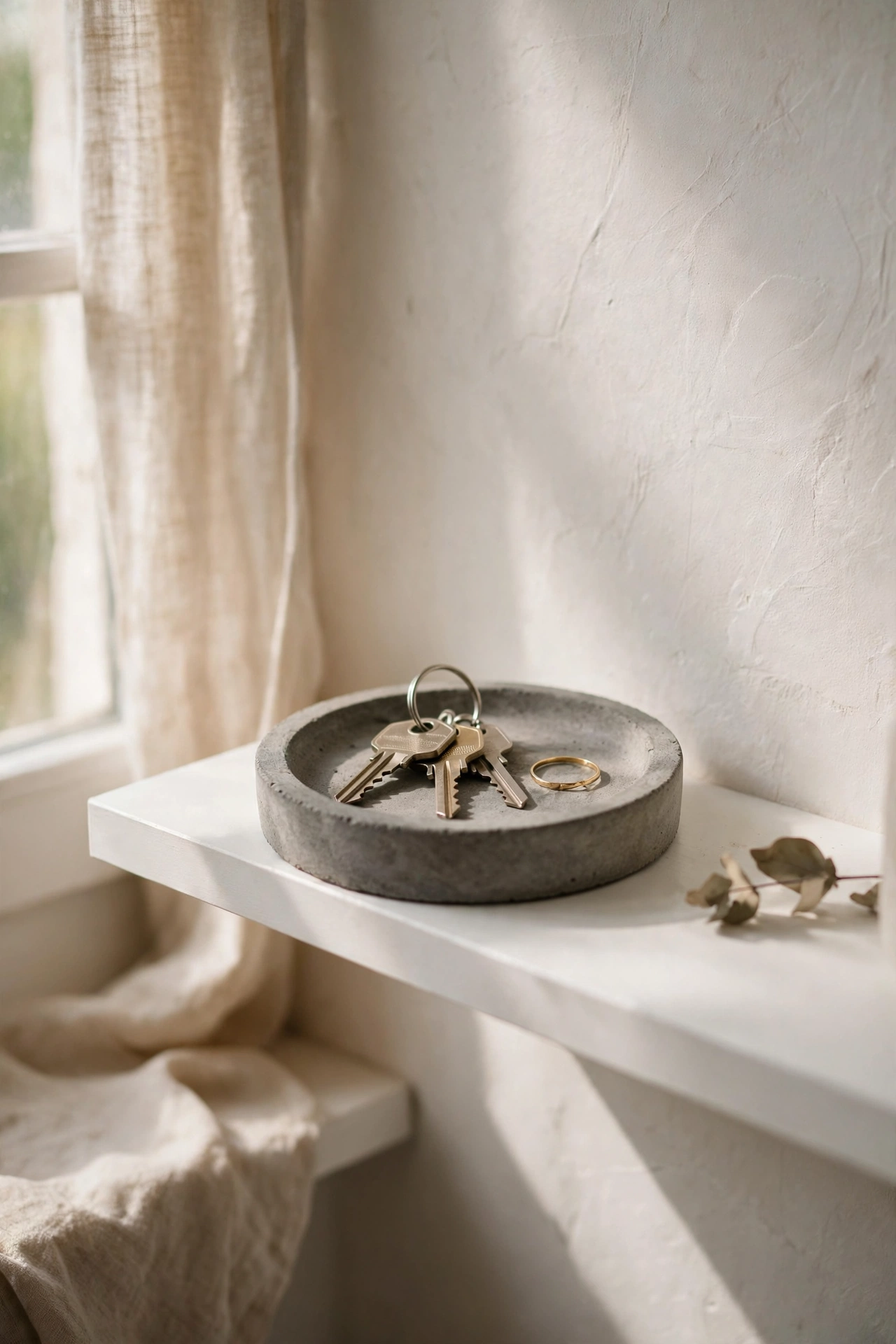Small cast concrete dish holding keys on a white shelf