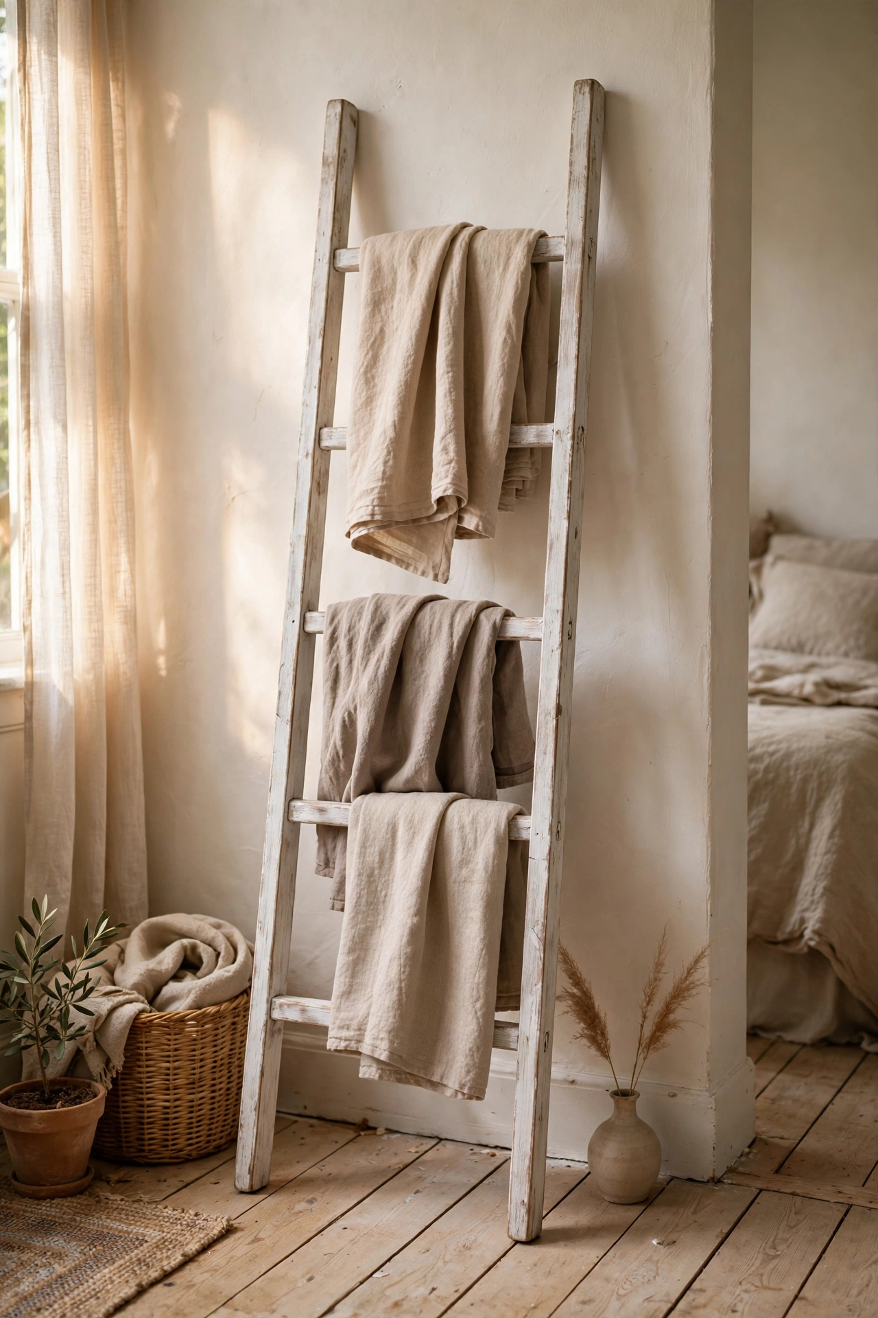 Whitewashed oak blanket ladder leaning against a bedroom wall