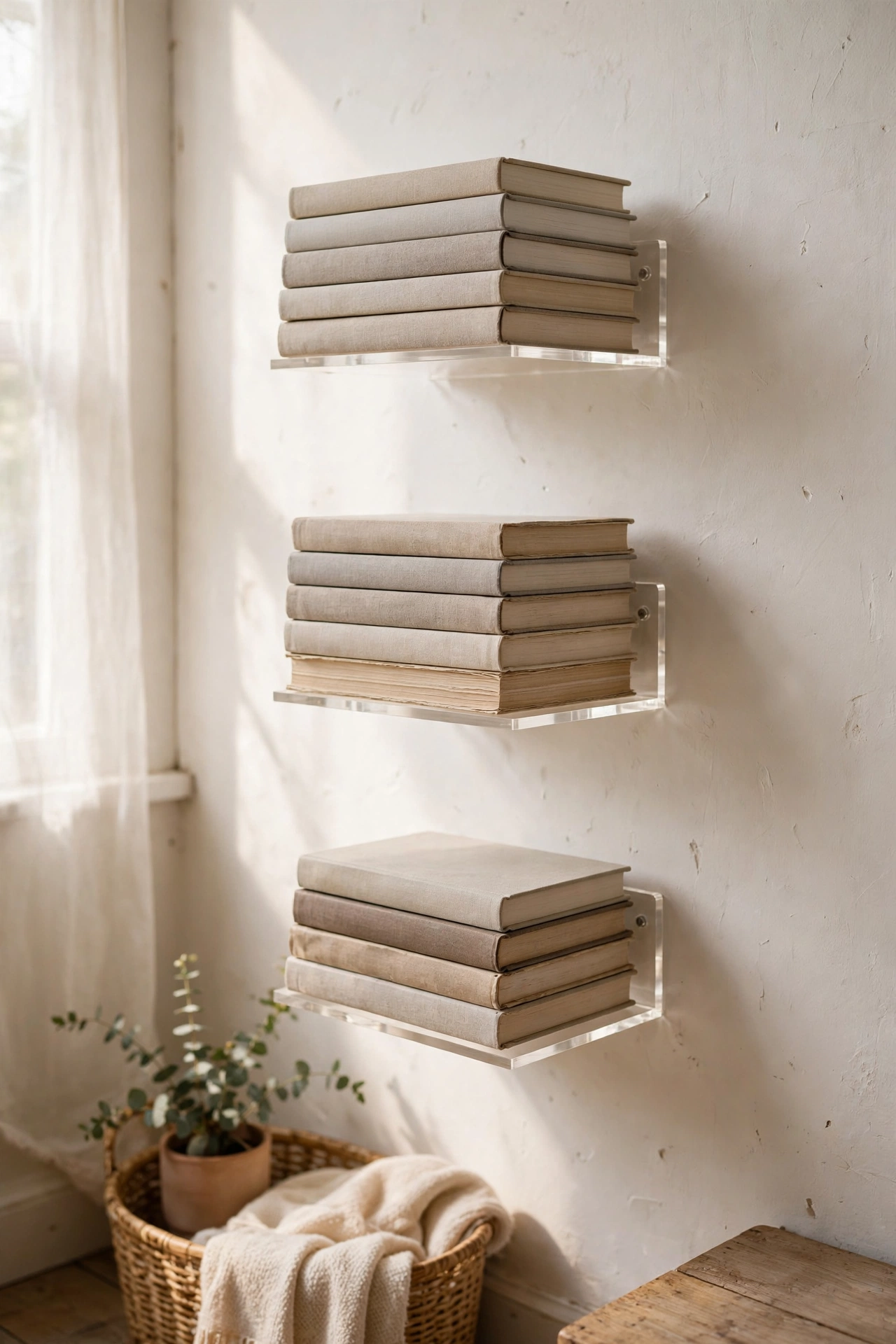 Clear acrylic floating shelves with stacked books on a wall