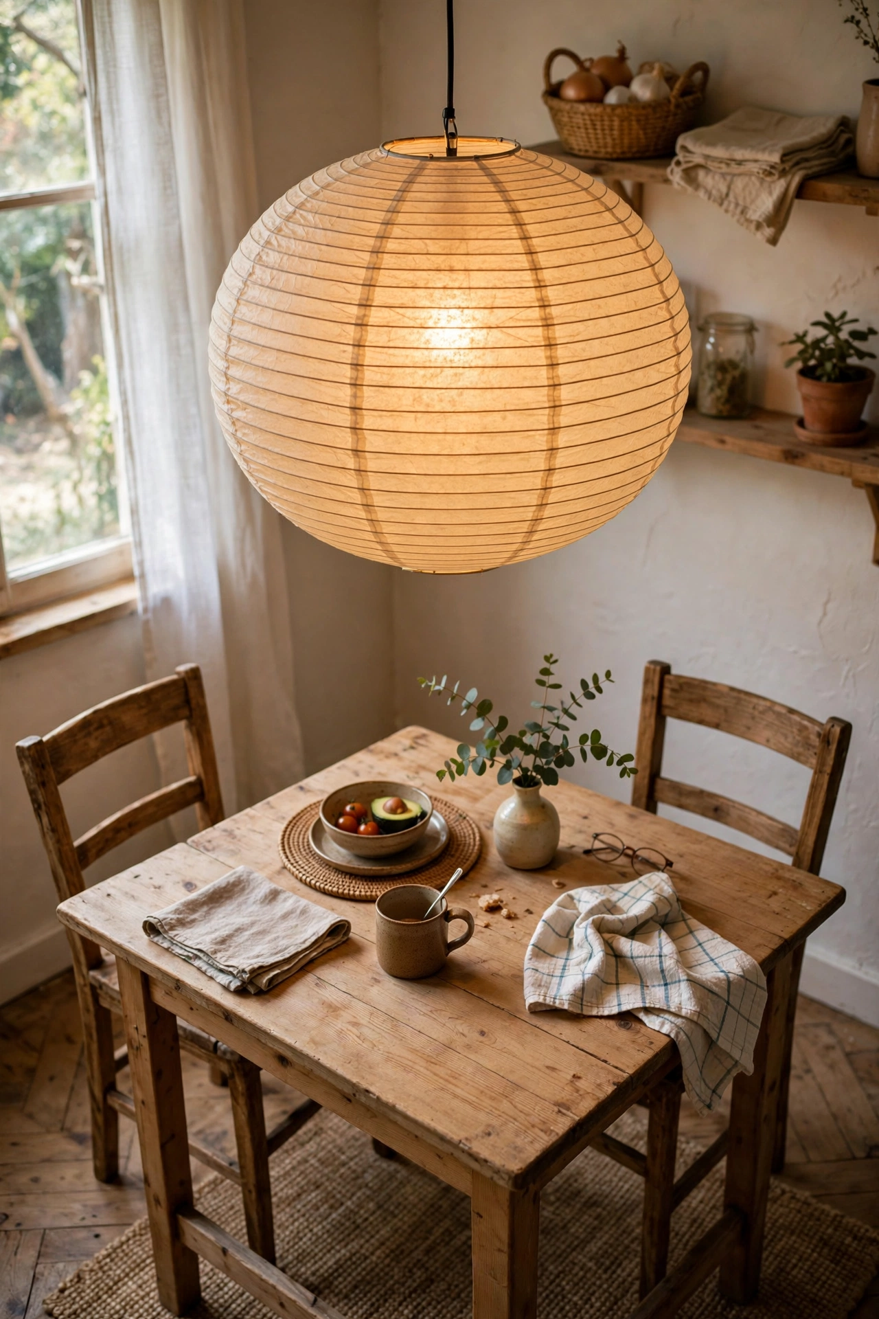 Round rice paper pendant shade glowing over a dining table