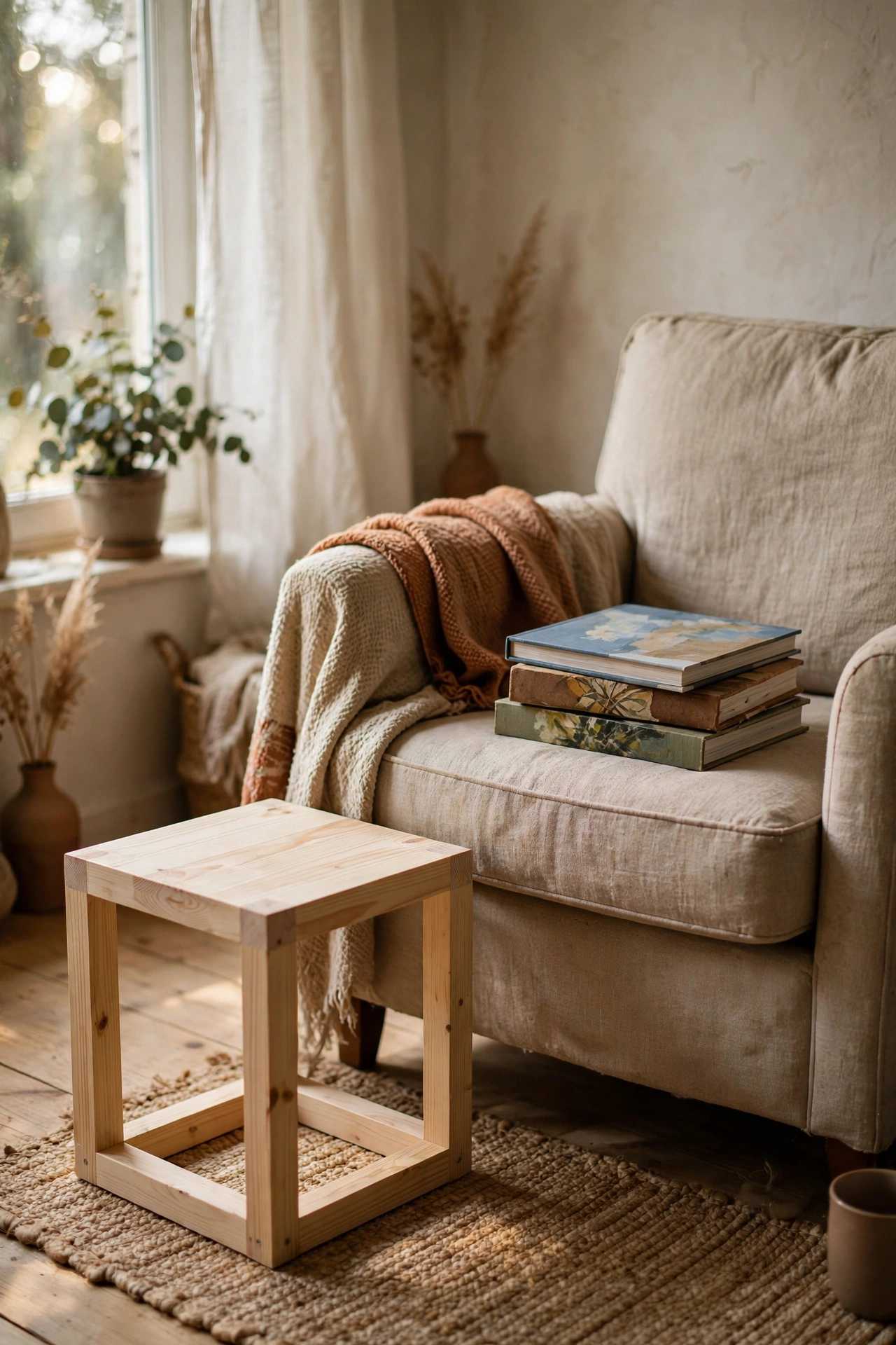 Raw pine cube stool beside a reading chair with art books
