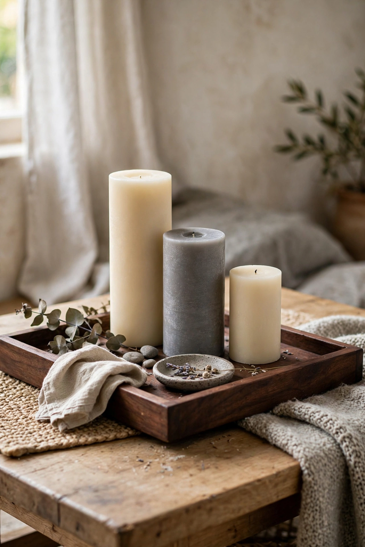 Wooden tray with three neutral pillar candles in graduated heights