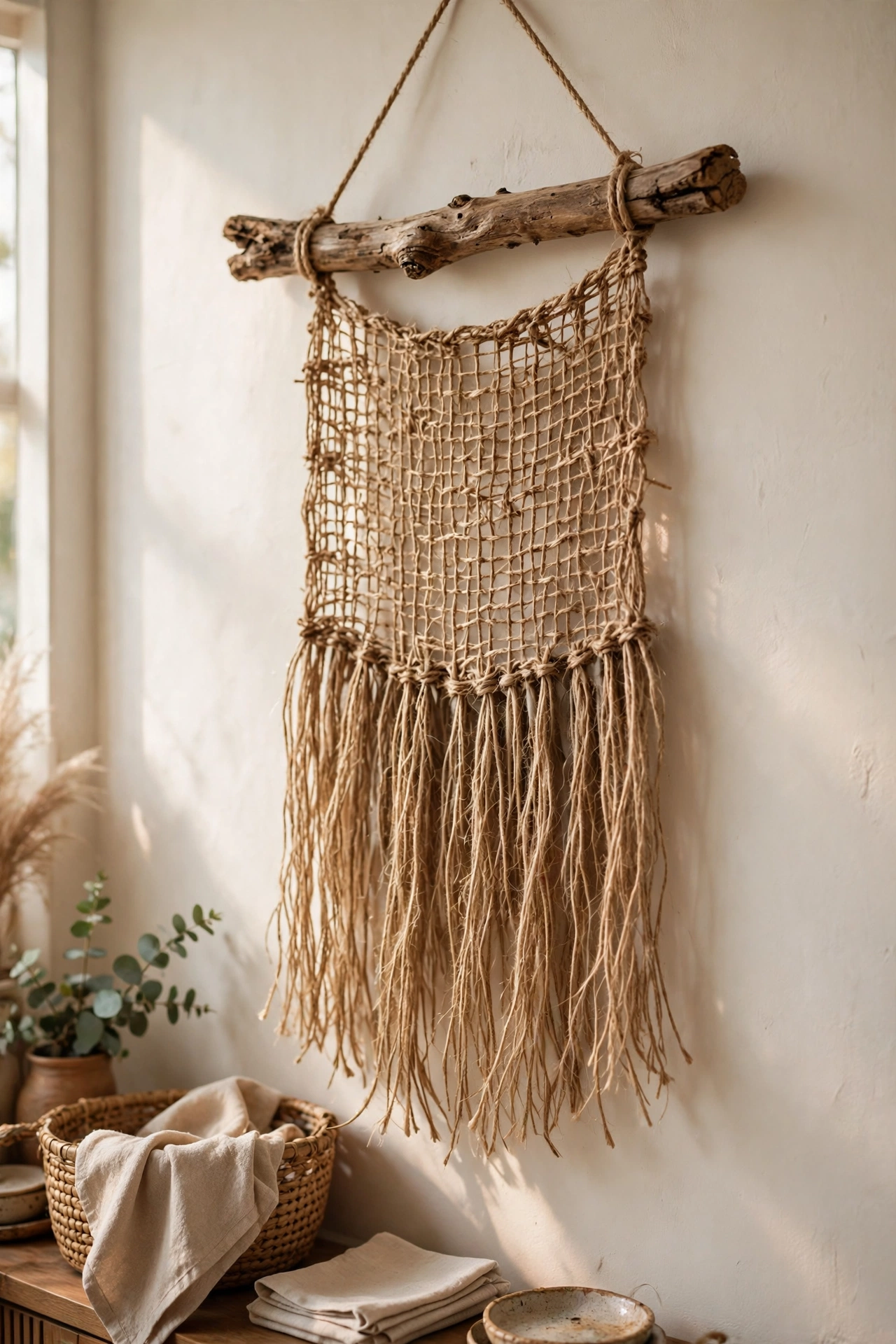 Open-weave jute wall hanging on a driftwood dowel with long fringe