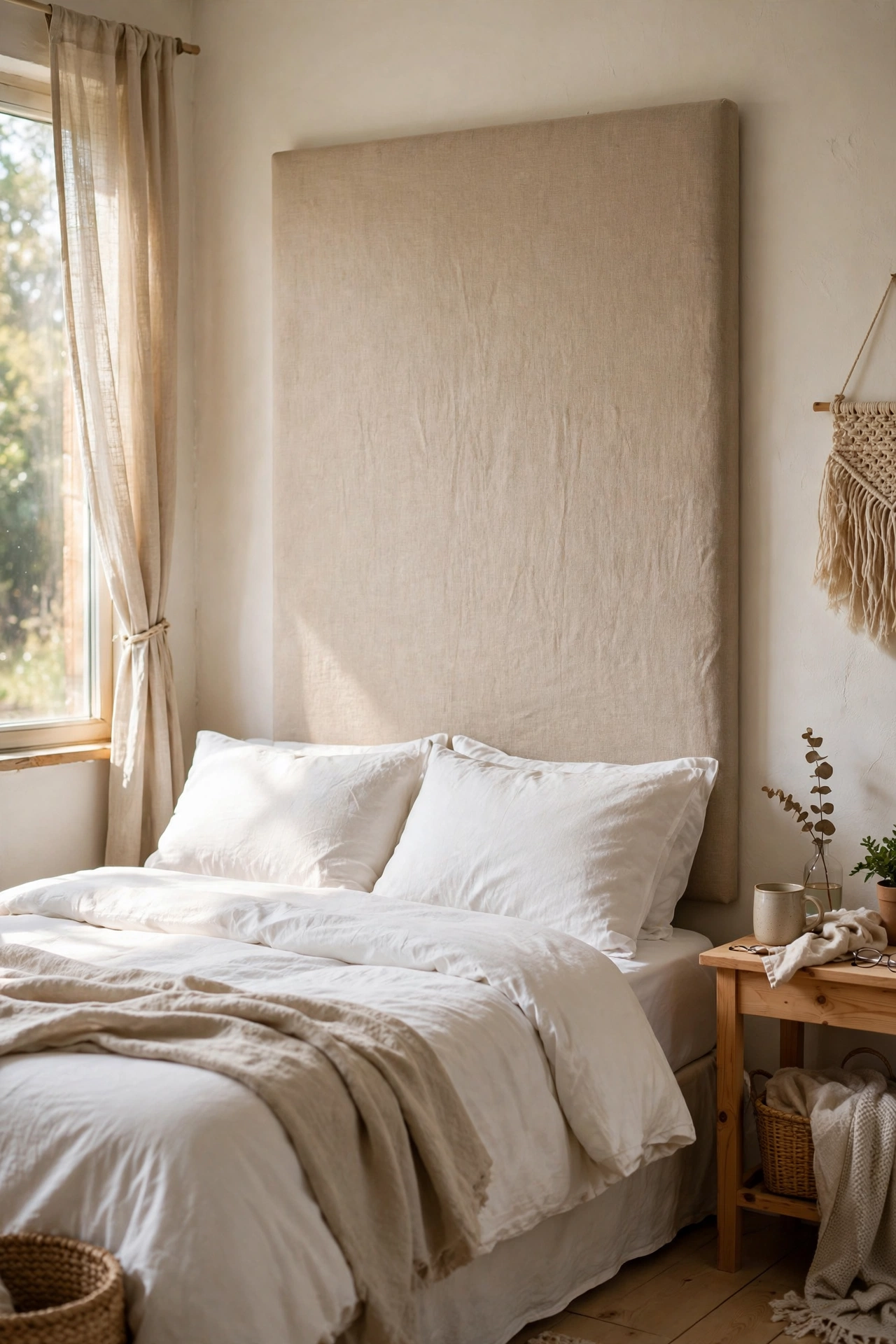 Upholstered linen headboard panel mounted on a bedroom wall