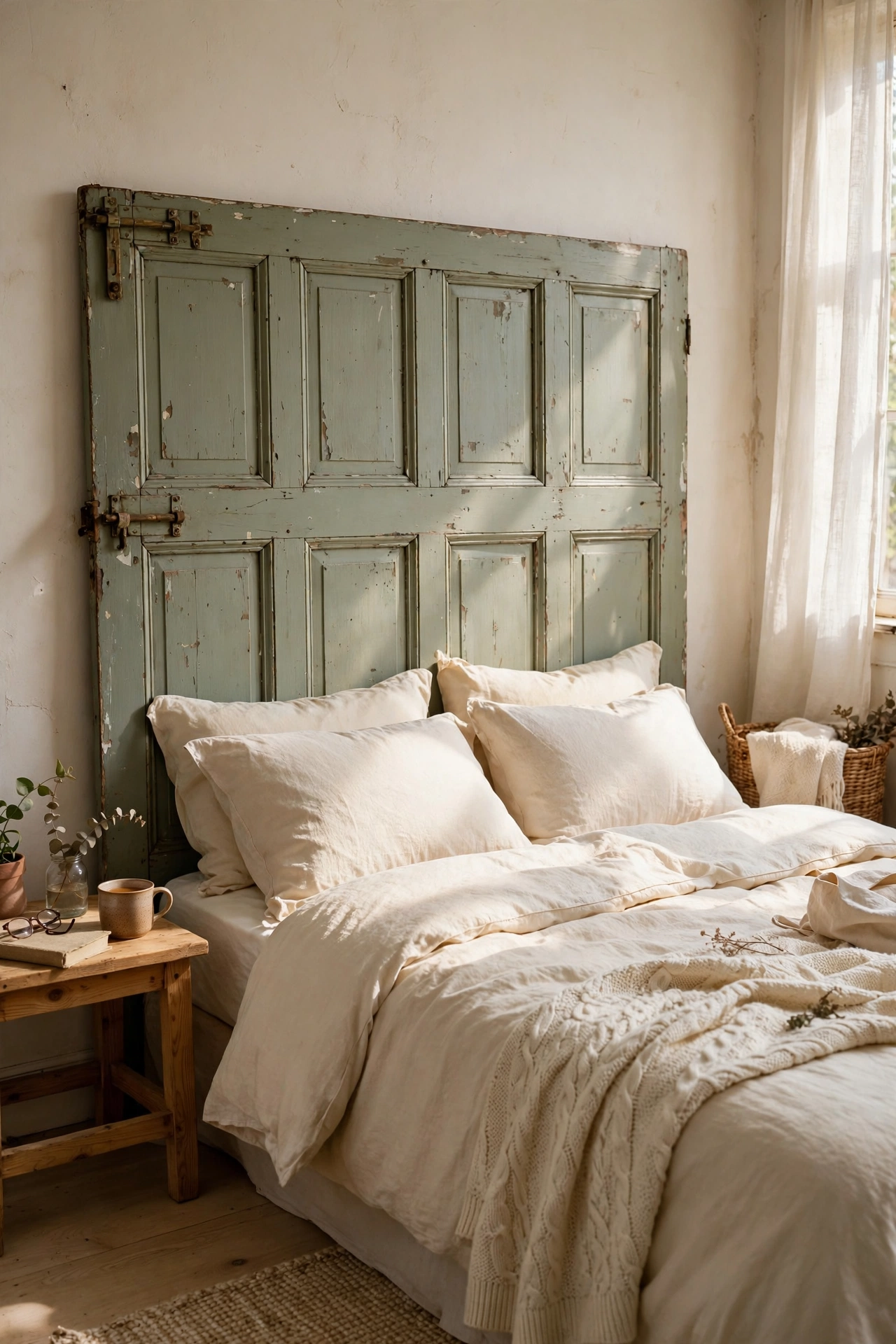 Reclaimed panelled door painted sage used as a headboard