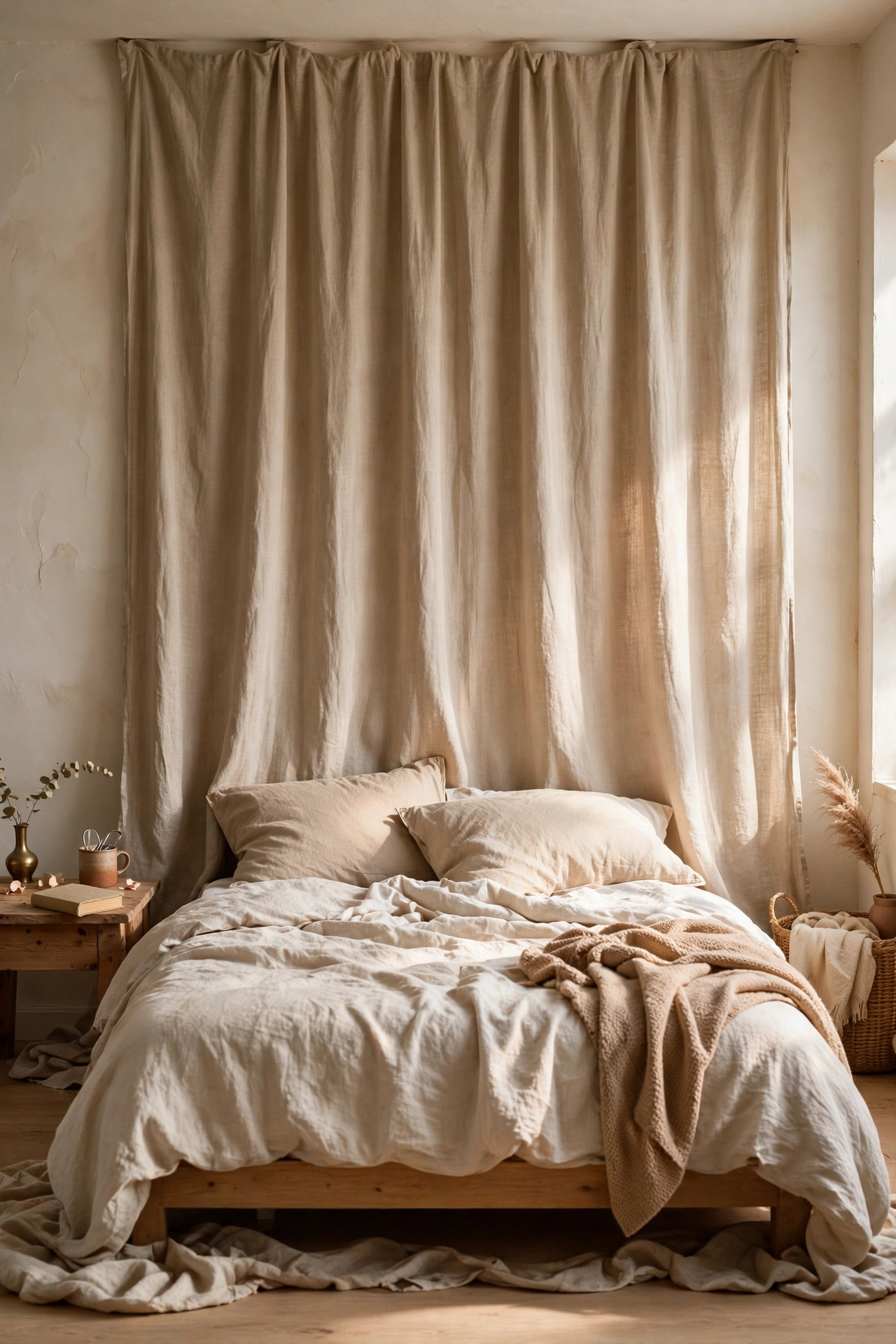 Floor to ceiling linen curtain panel behind a bed as a soft headboard