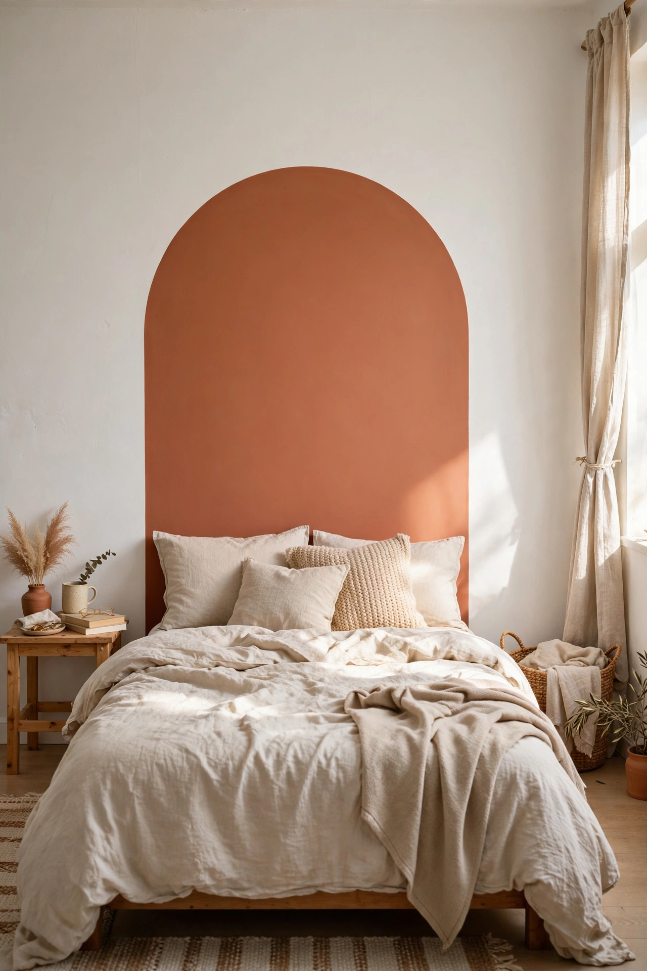 Terracotta painted arch on a bedroom wall behind a bed