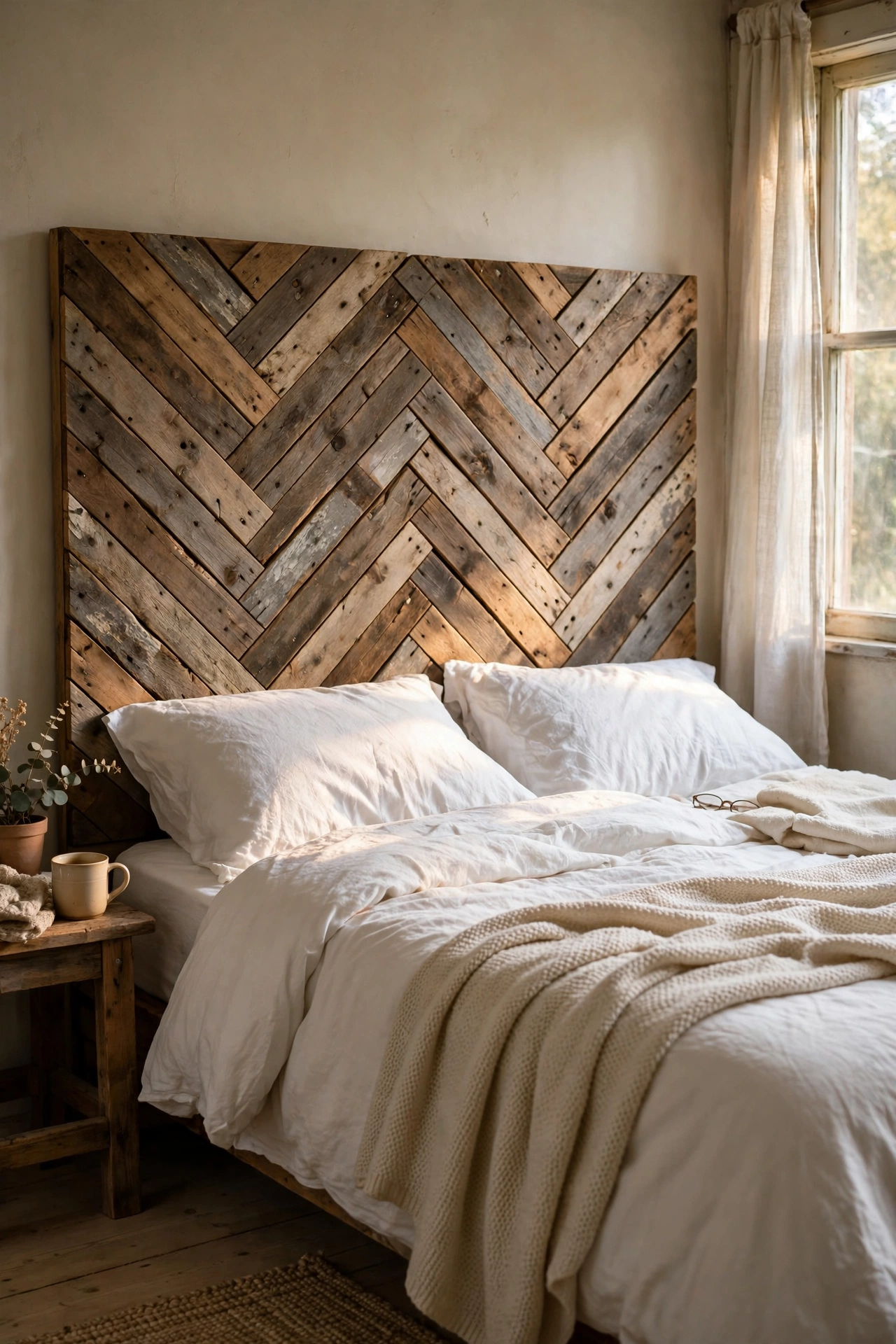Herringbone pallet wood headboard with zigzag timber pattern