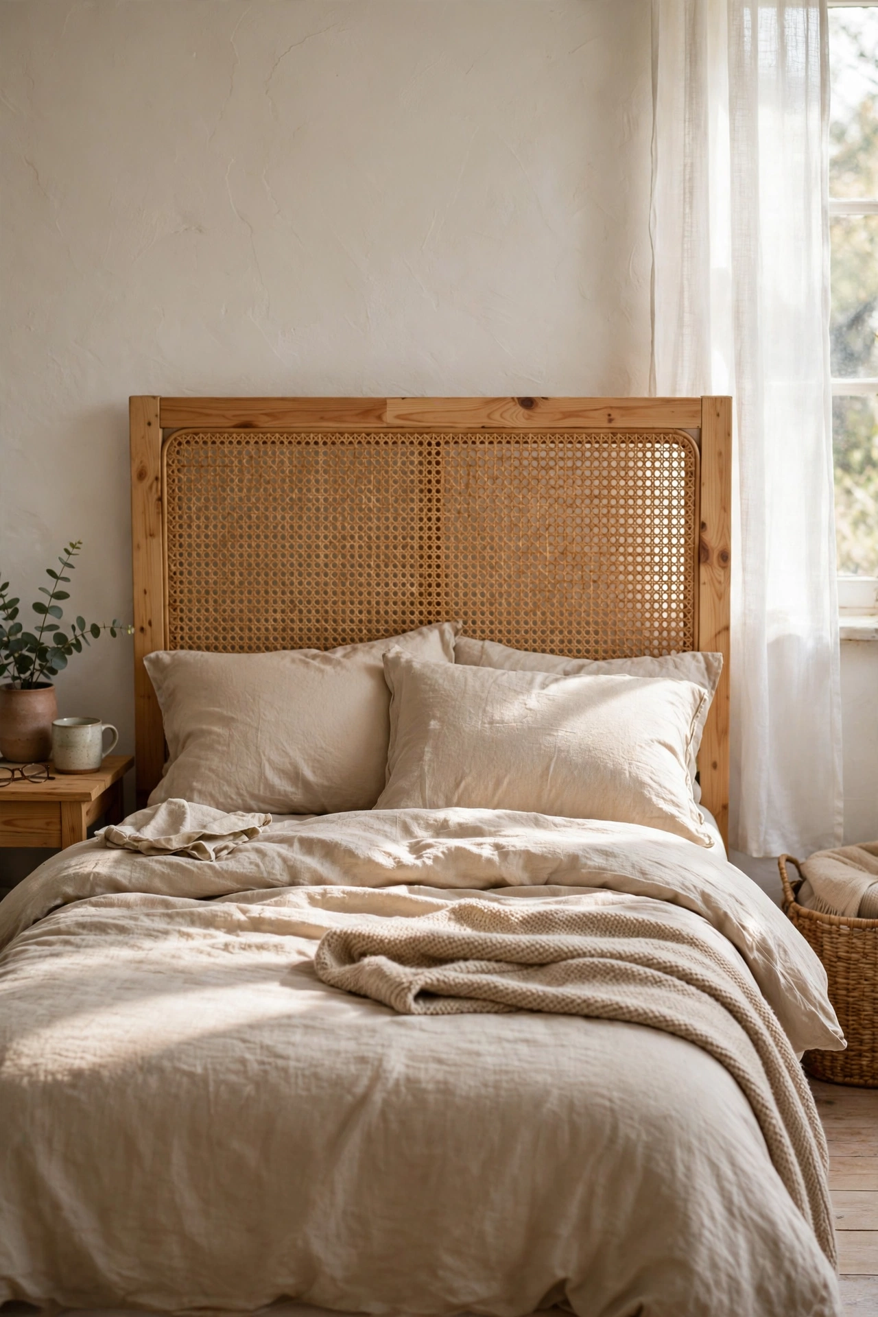 Rattan cane webbing headboard in a pine timber frame