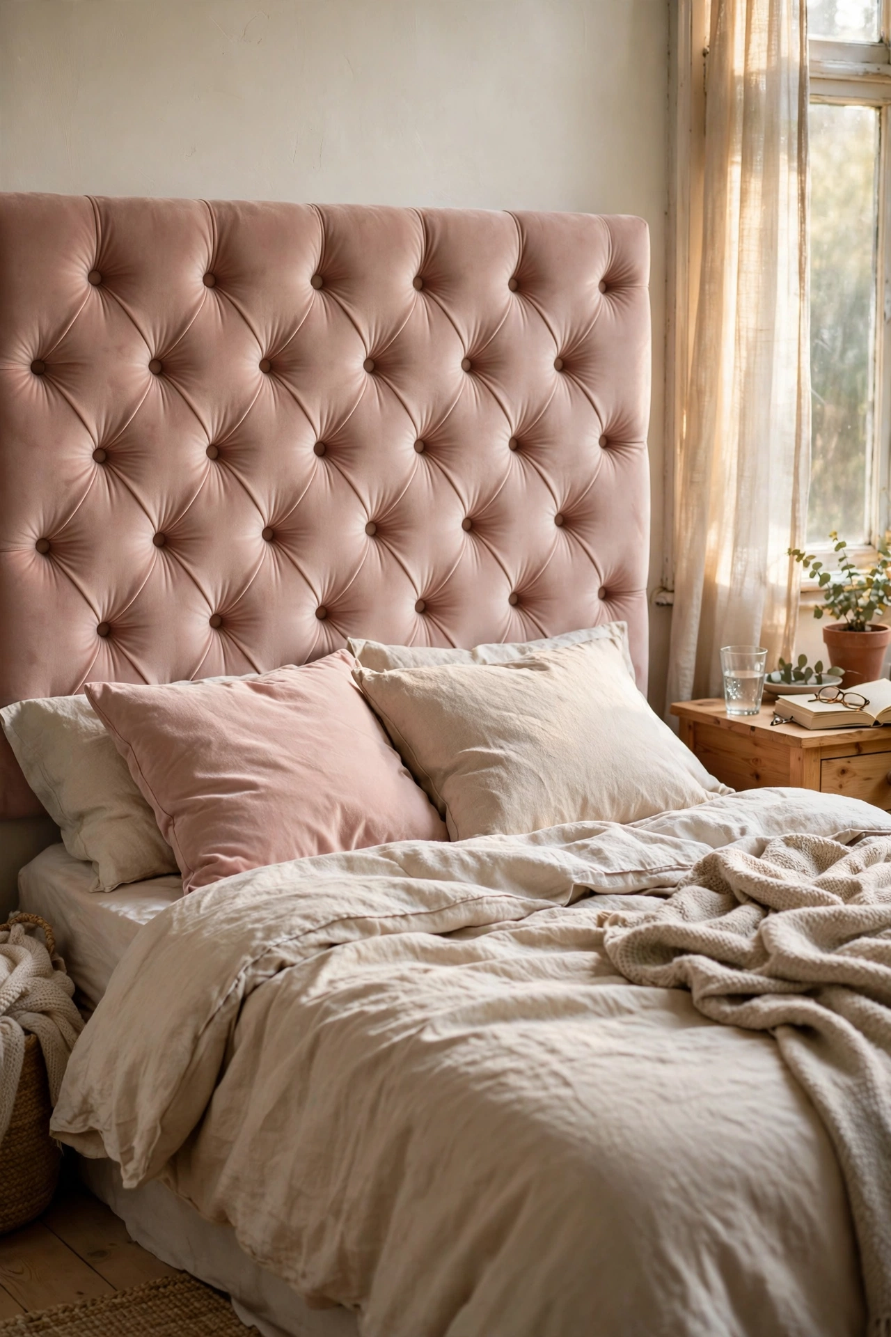 Tufted velvet headboard with diamond button pattern