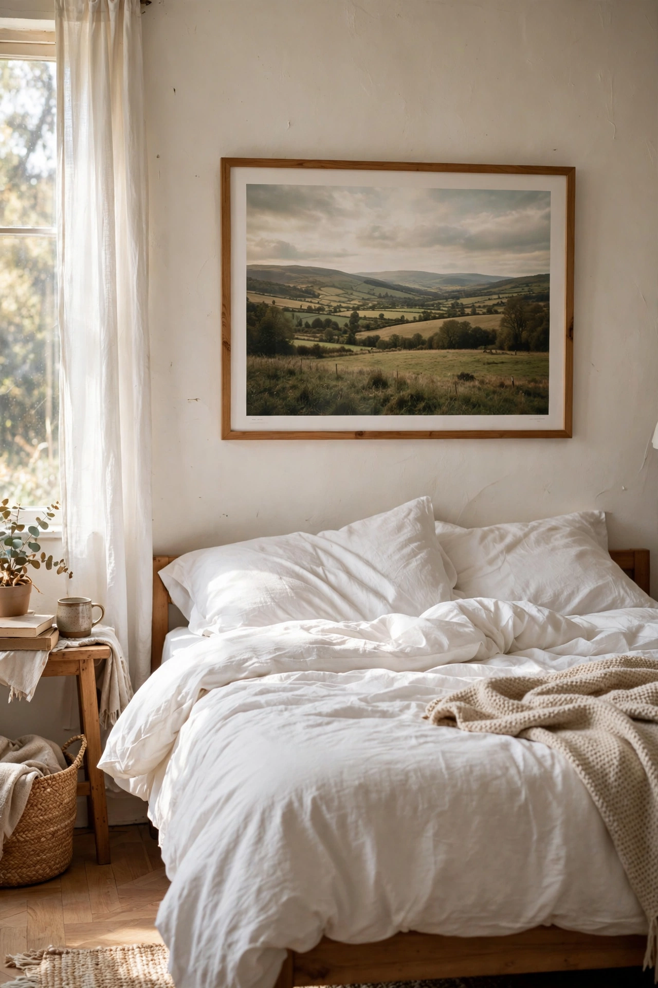Oversized framed landscape print hung low behind a bed