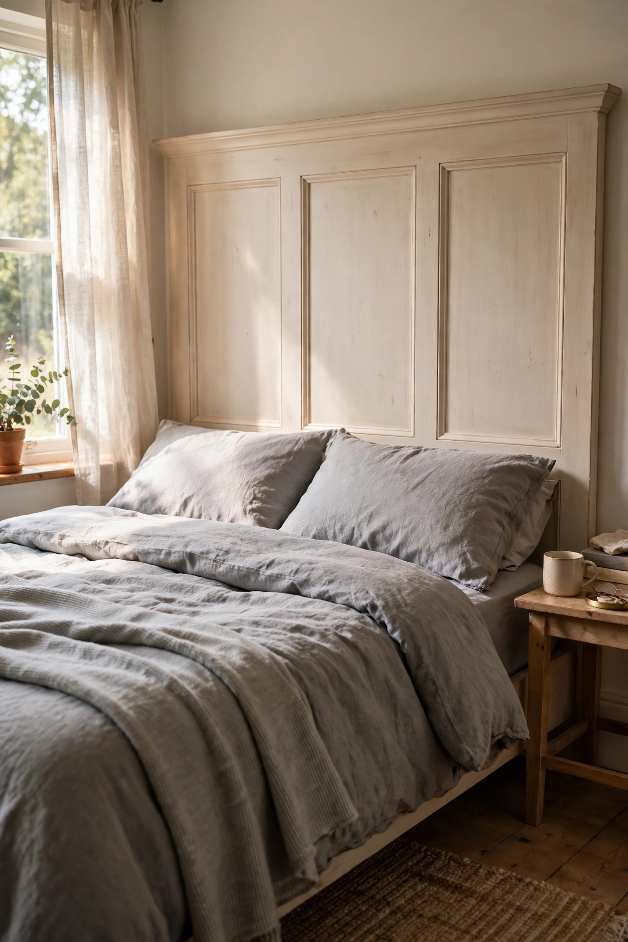 White shaker style wood panel headboard with recessed panels