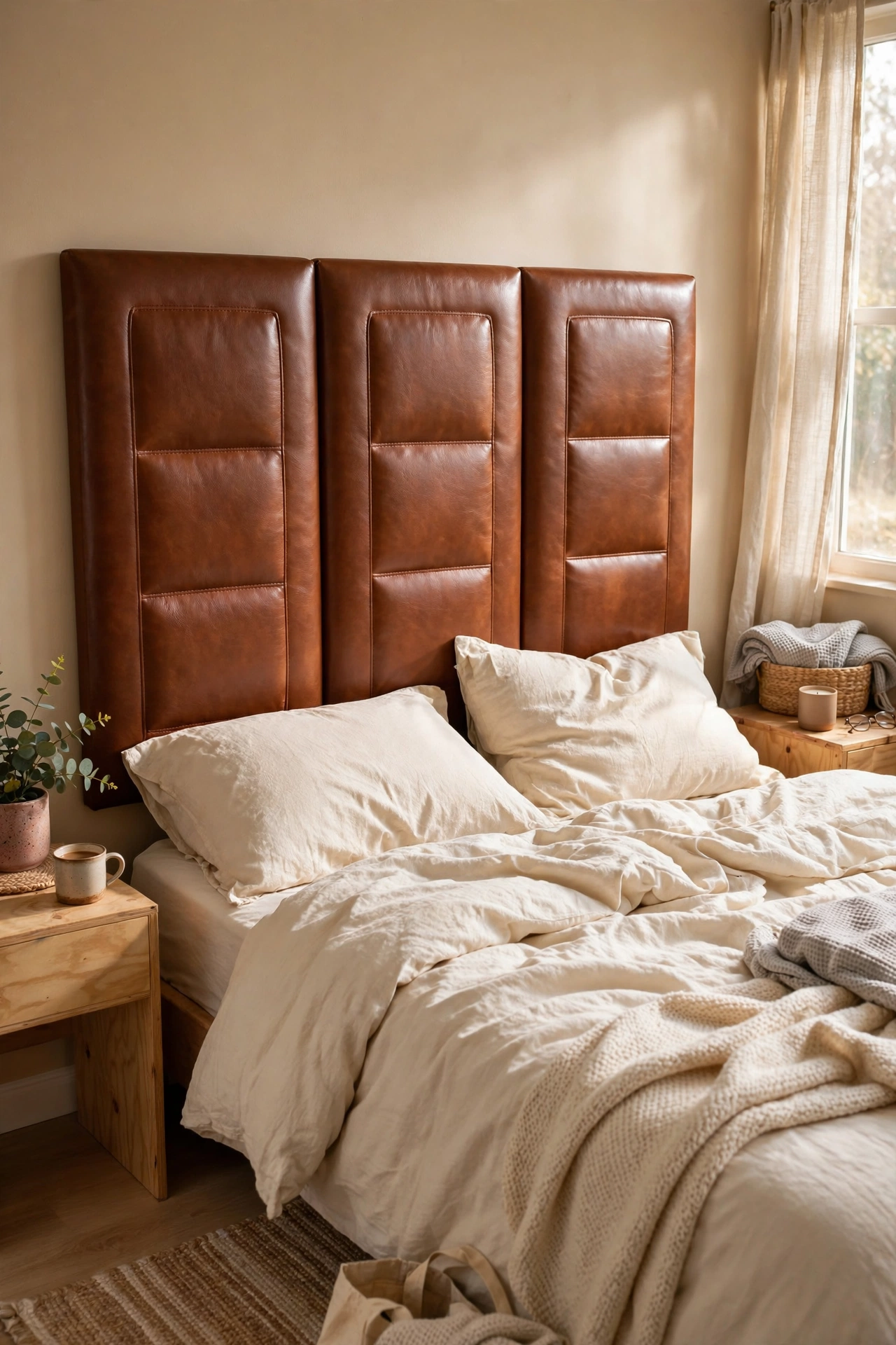 Cognac faux leather panelled headboard behind a modern bed