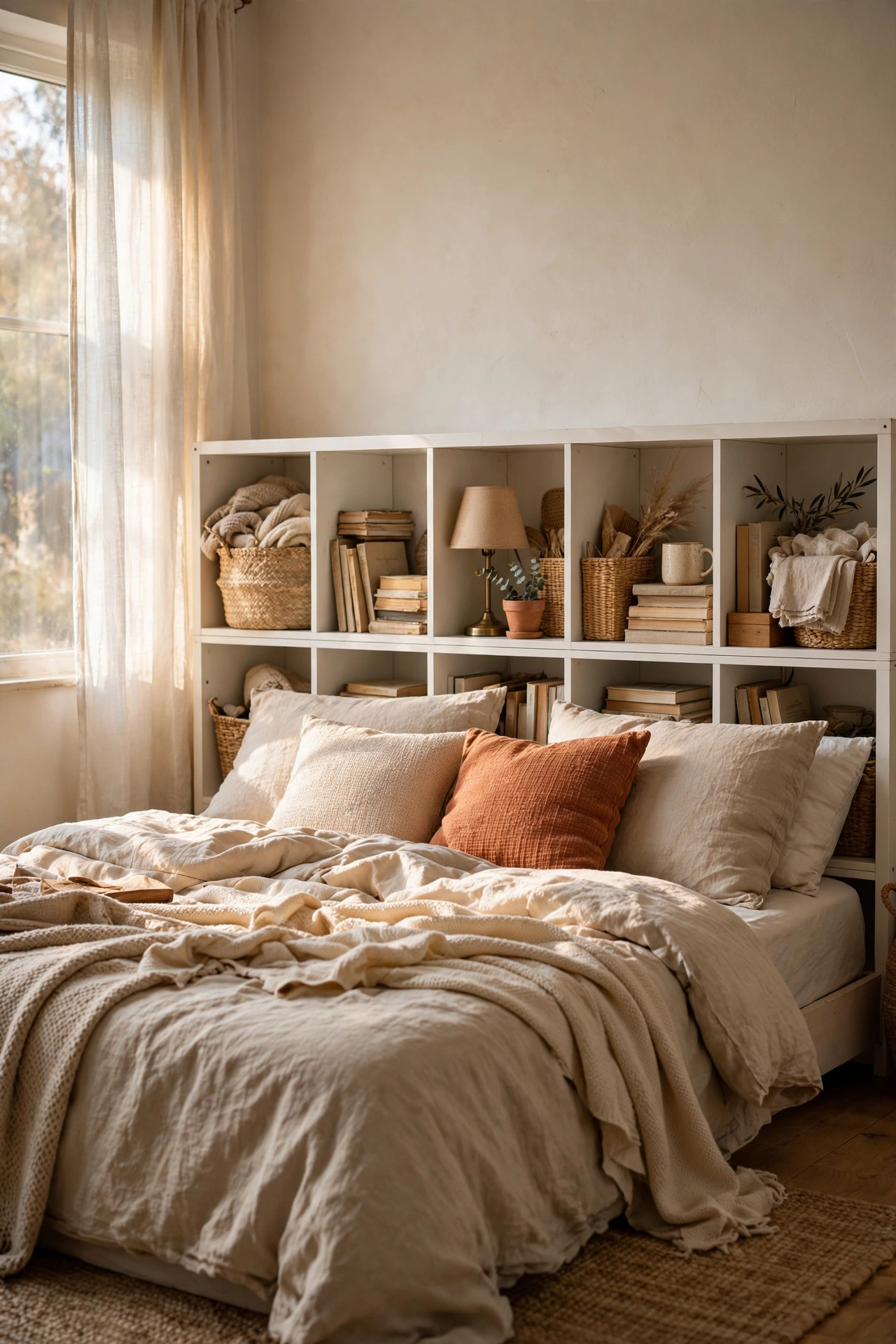 Cube storage unit on its side as a headboard with baskets