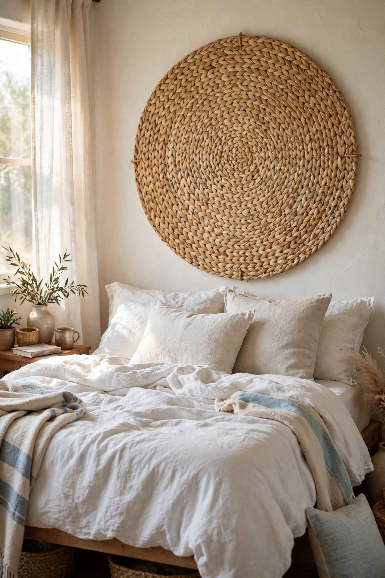 Round seagrass mat hung on a wall as a coastal headboard