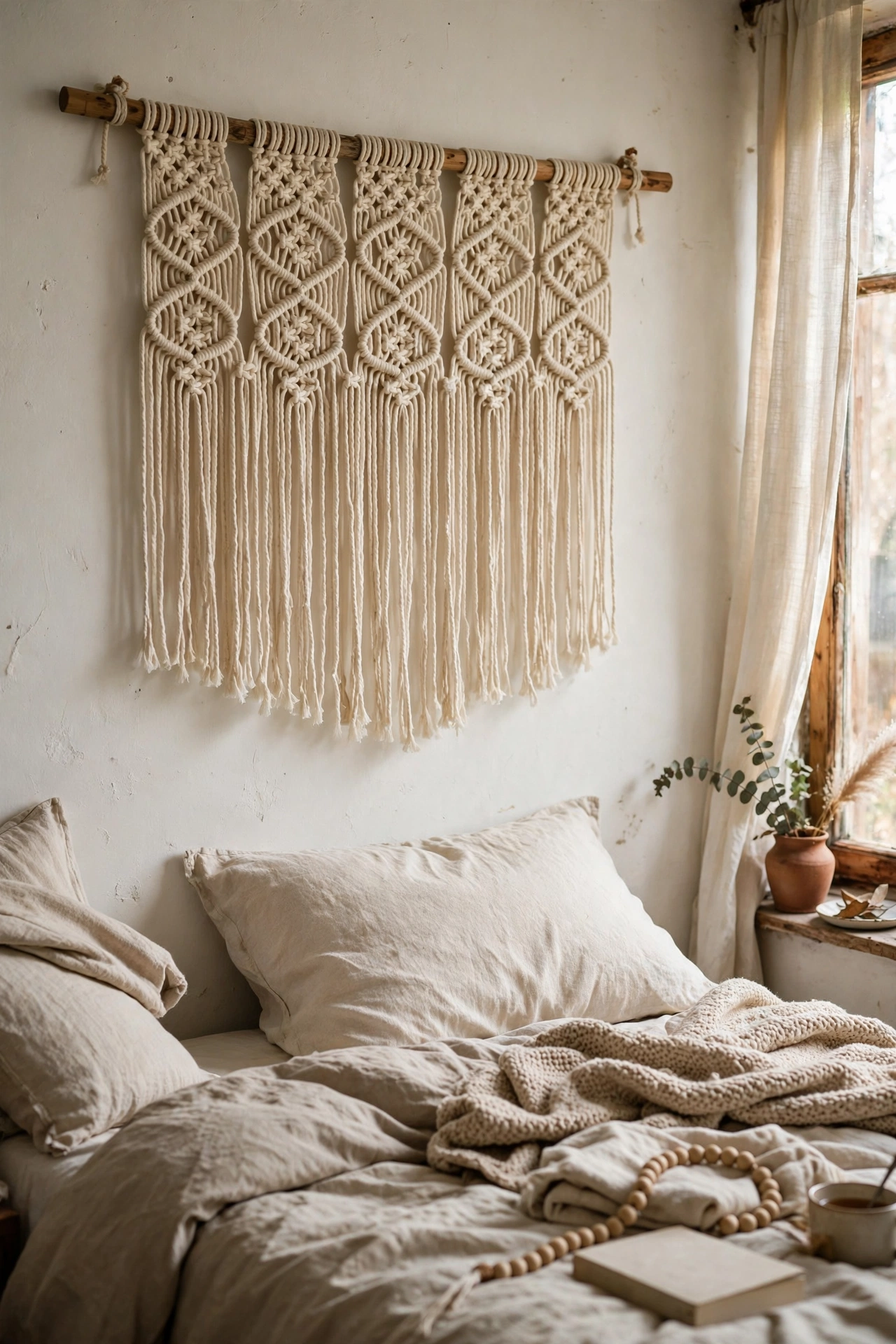 Wide macramé wall hanging on a wooden dowel behind a bed
