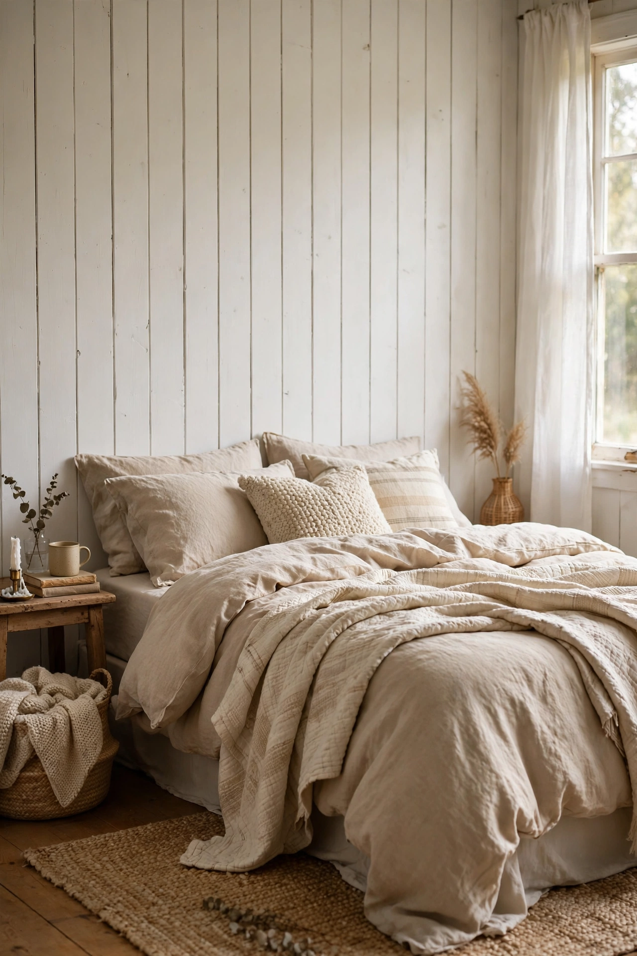 Vertical white shiplap plank wall behind a farmhouse bed