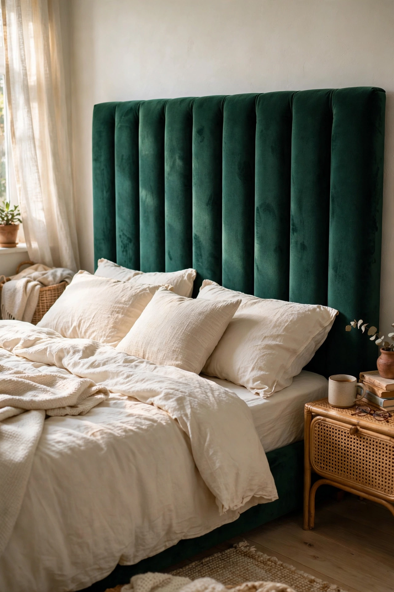 Emerald velvet channel tufted headboard with vertical fluting