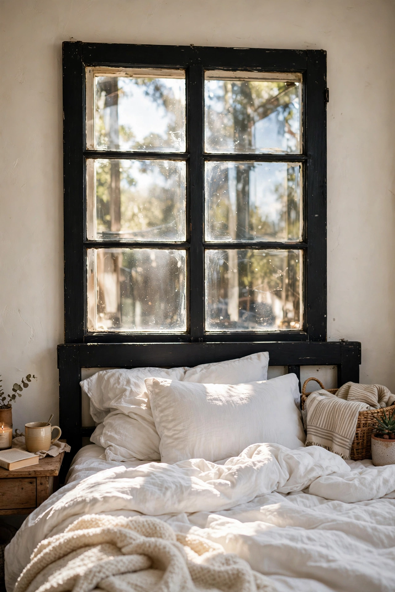Vintage black window frame used as a headboard with glass panes