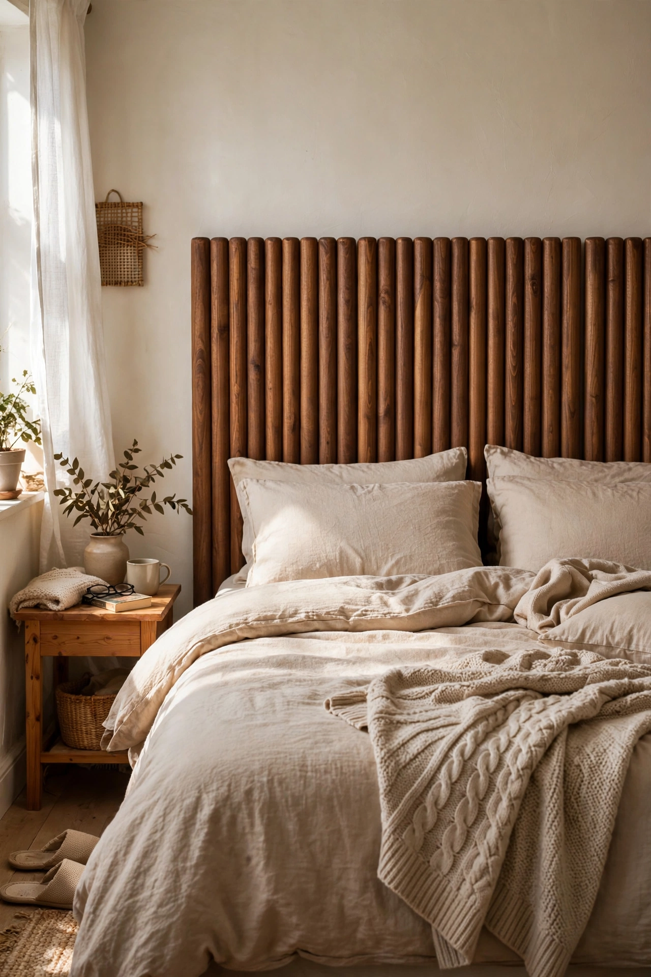 Fluted plywood headboard with vertical half round dowels in walnut