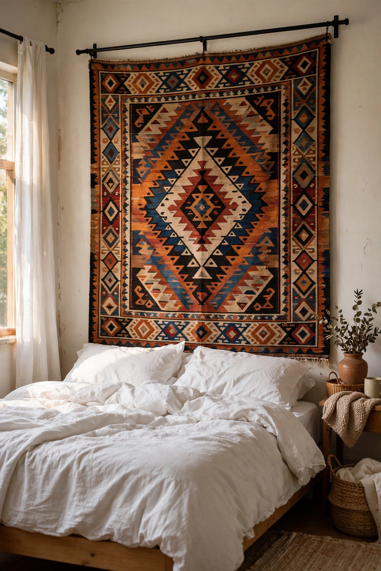 Kilim tapestry hung from a black rod as a patterned headboard