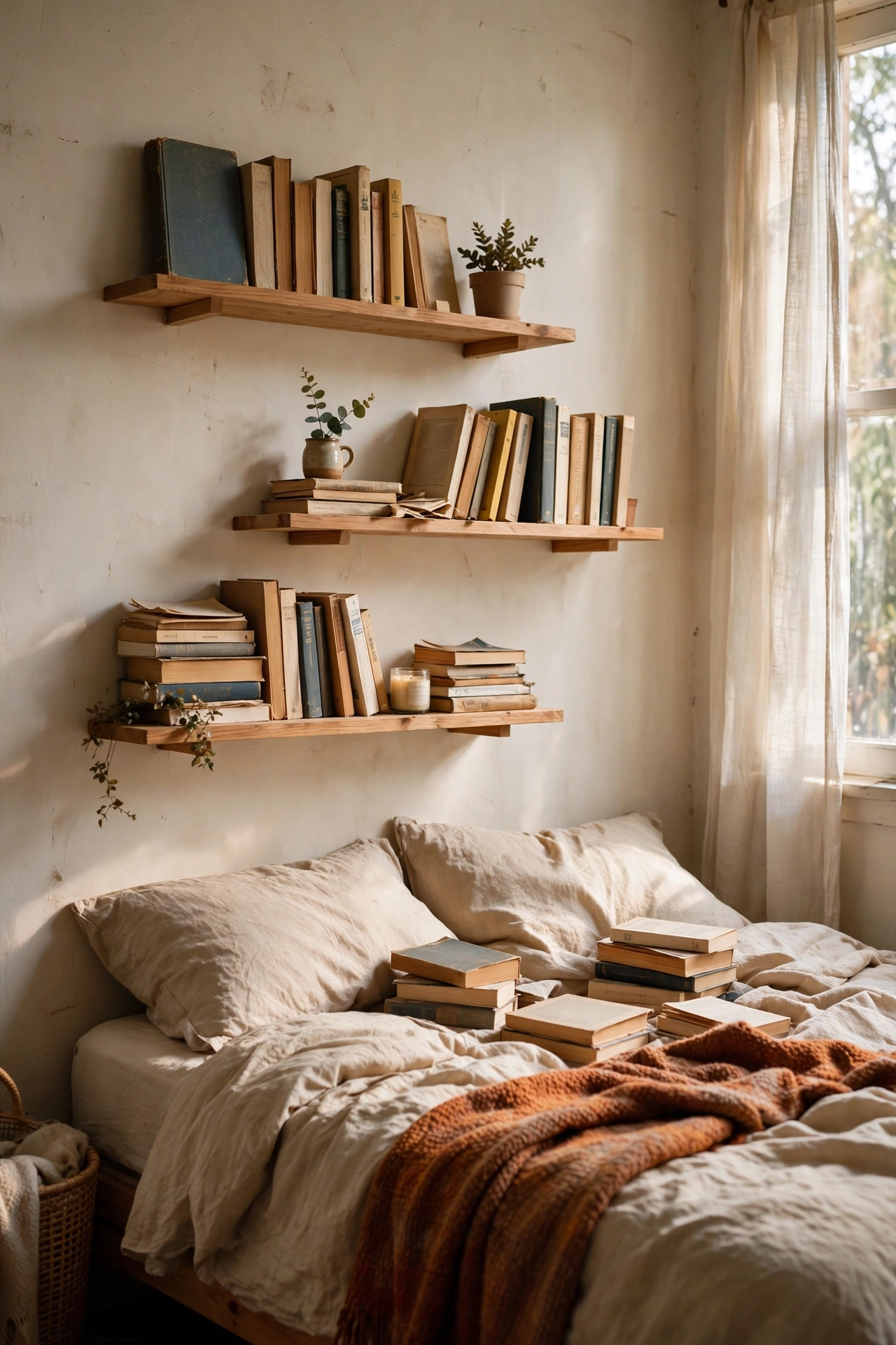 Staggered floating shelves with books behind a bed as a headboard