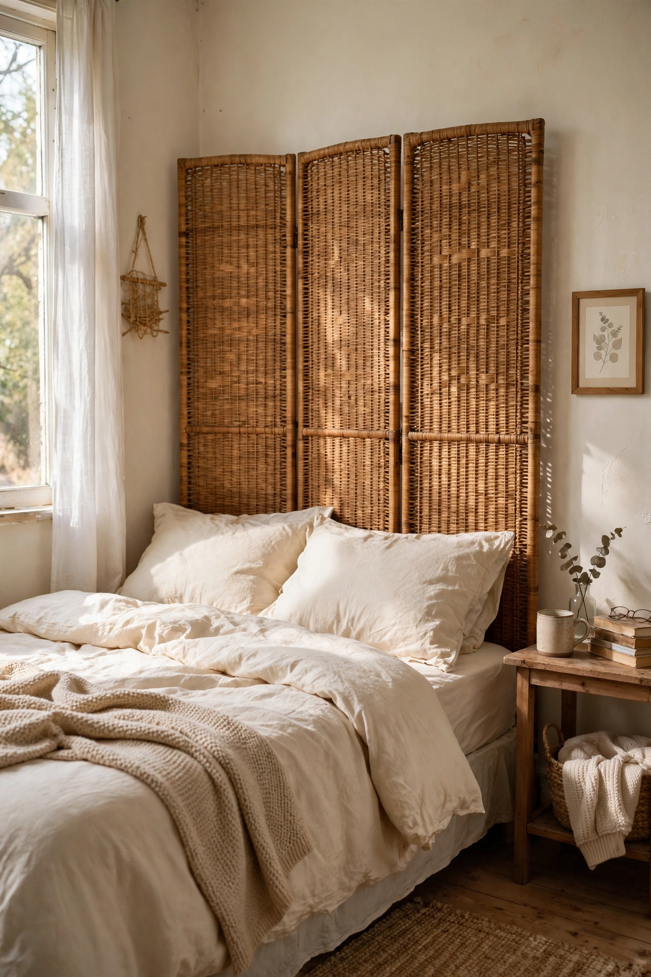 Folding rattan screen opened flat behind a bed as a headboard