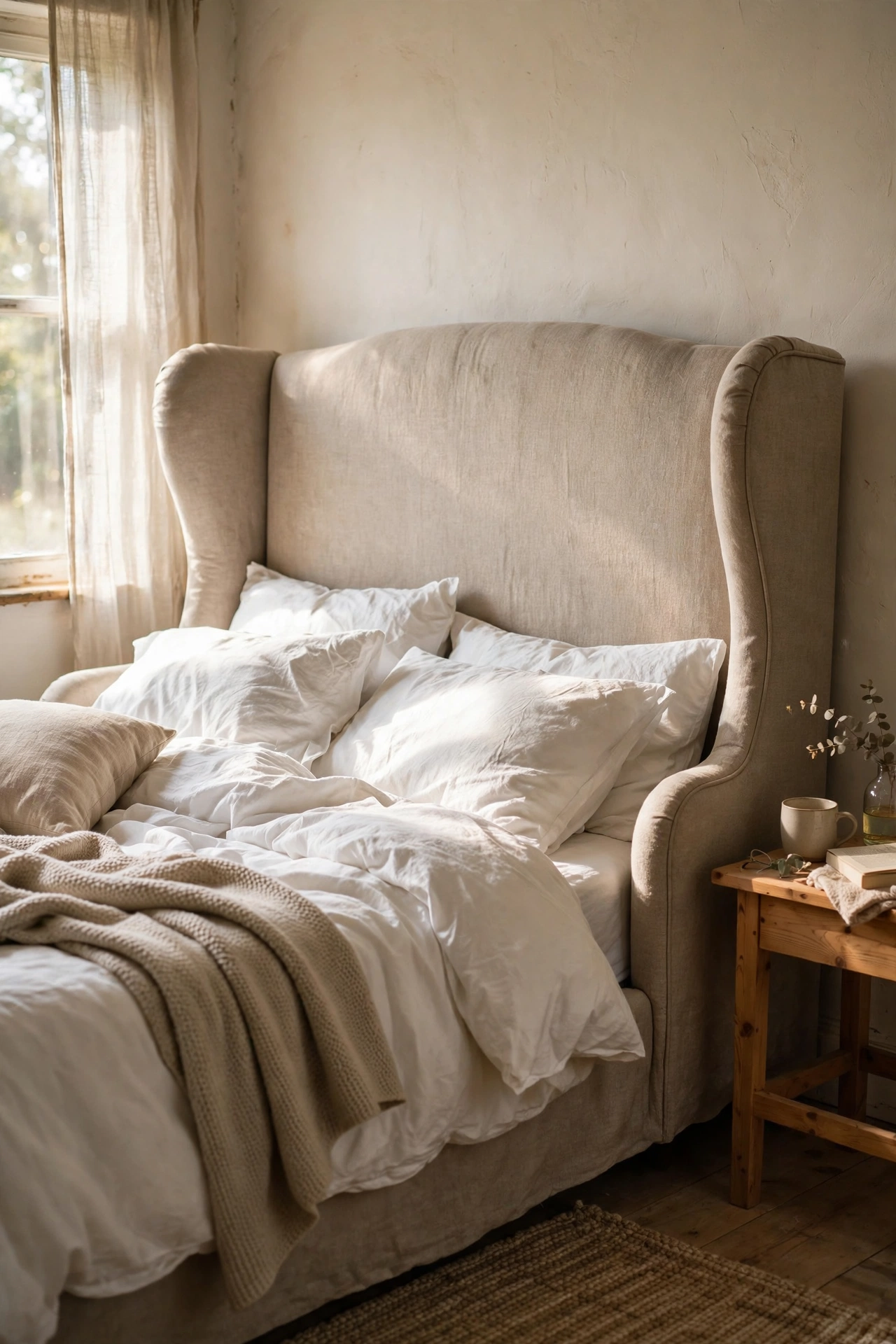 Oatmeal linen wingback headboard with angled side wings