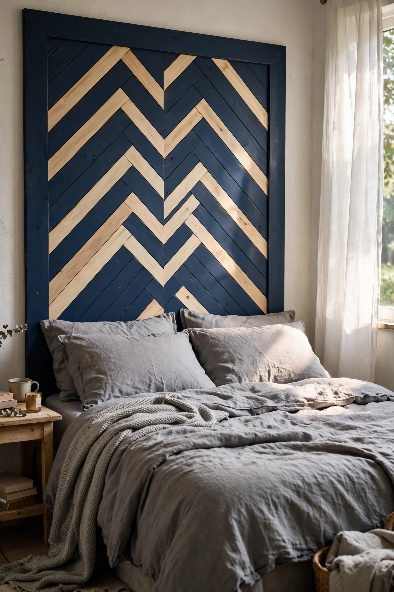 Navy headboard with natural wood chevron inlay pattern
