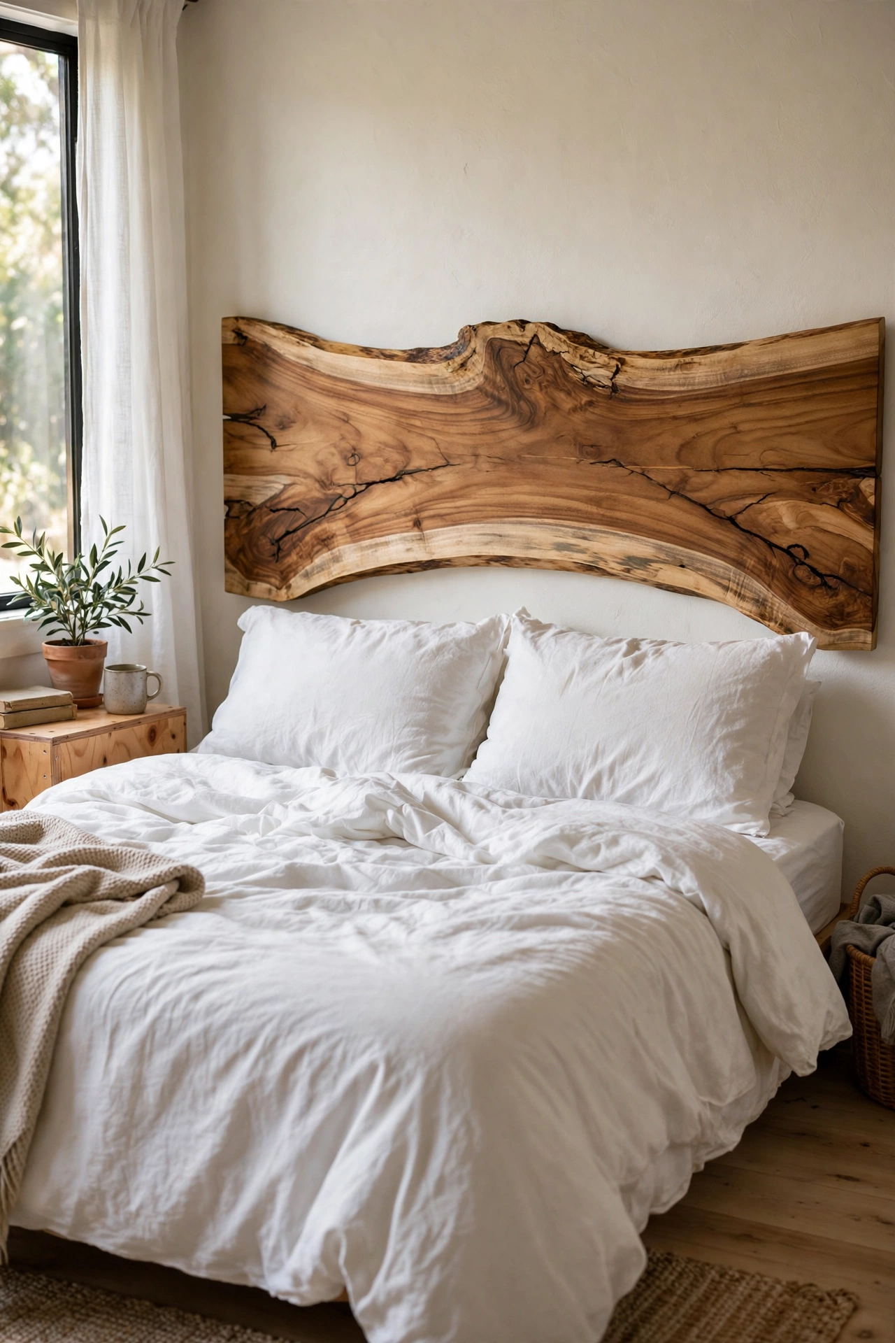 Live edge timber slab headboard with natural grain behind a bed