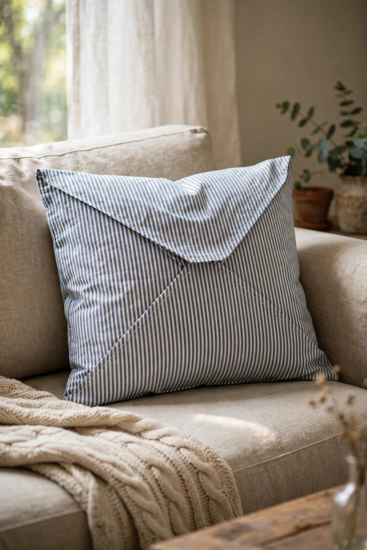 Envelope pillow cover made from a striped flat sheet on a sofa