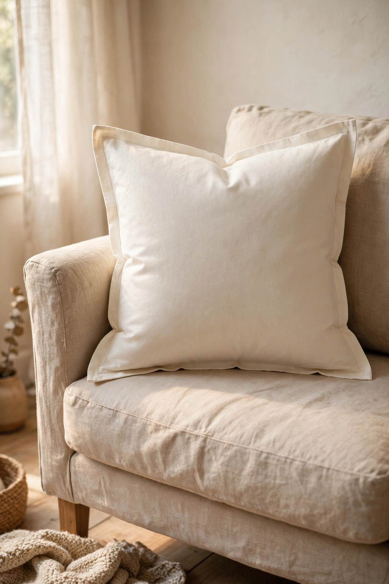 Cream pillow cover with heat bonded hems on an armchair