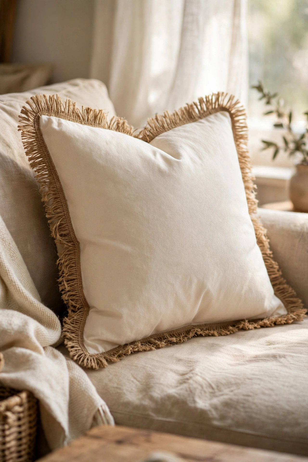 Cream cushion with natural jute fringe trim glued around the edges