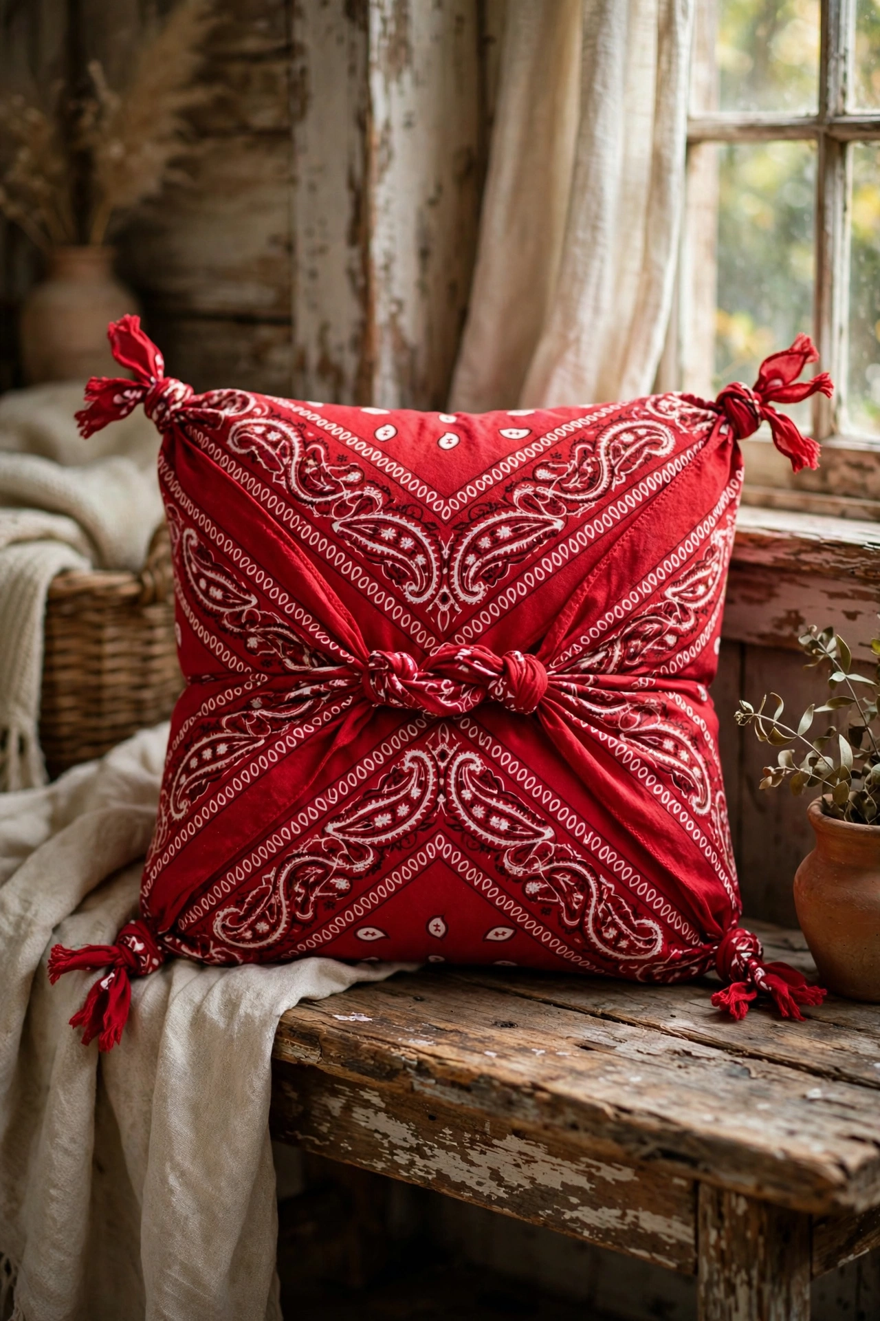 Red paisley bandana knotted pillow cover with fringe corners