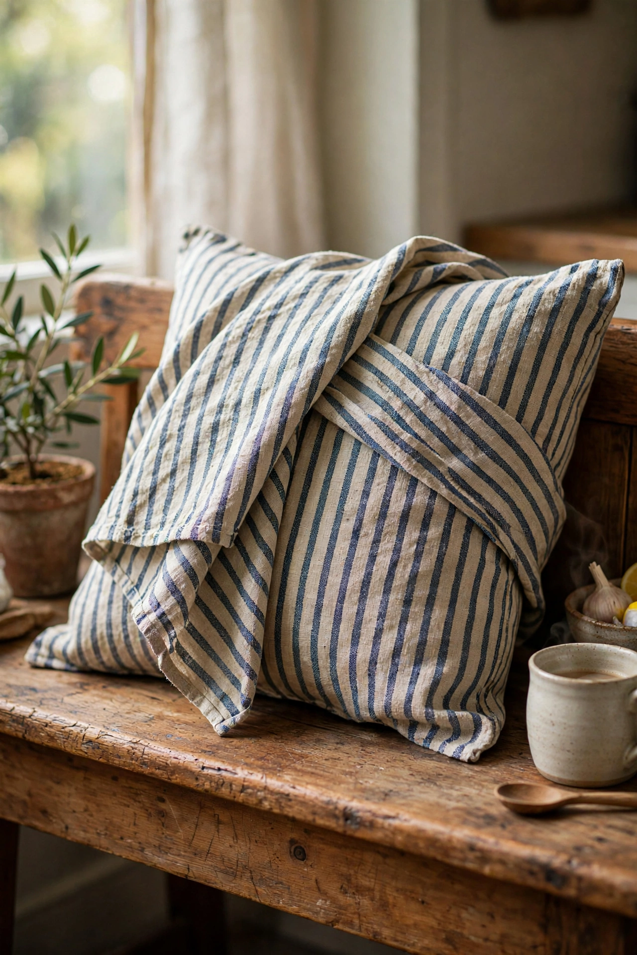 Striped tea towel pillow cover on a kitchen bench