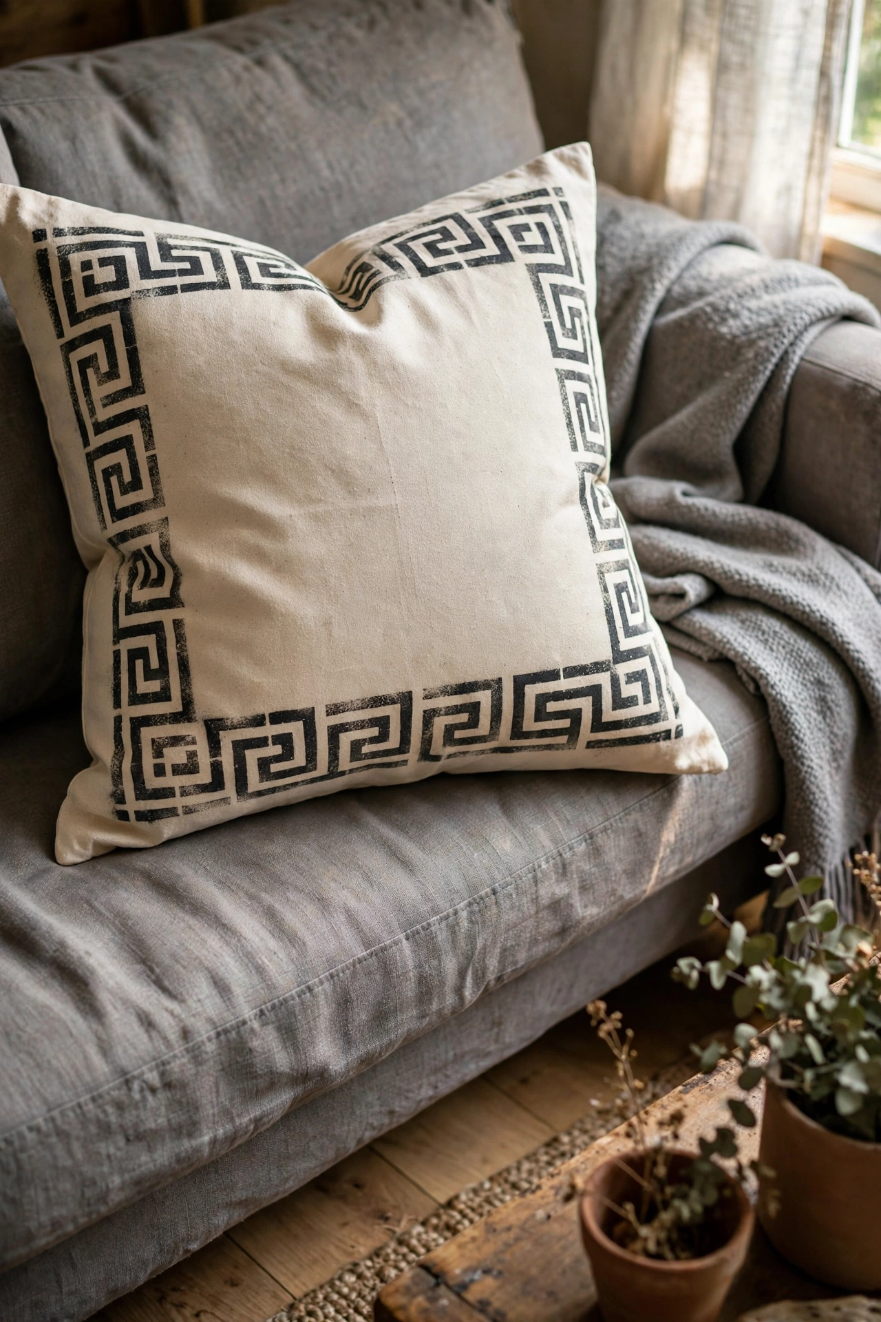 Canvas drop cloth pillow with stencilled Greek key border