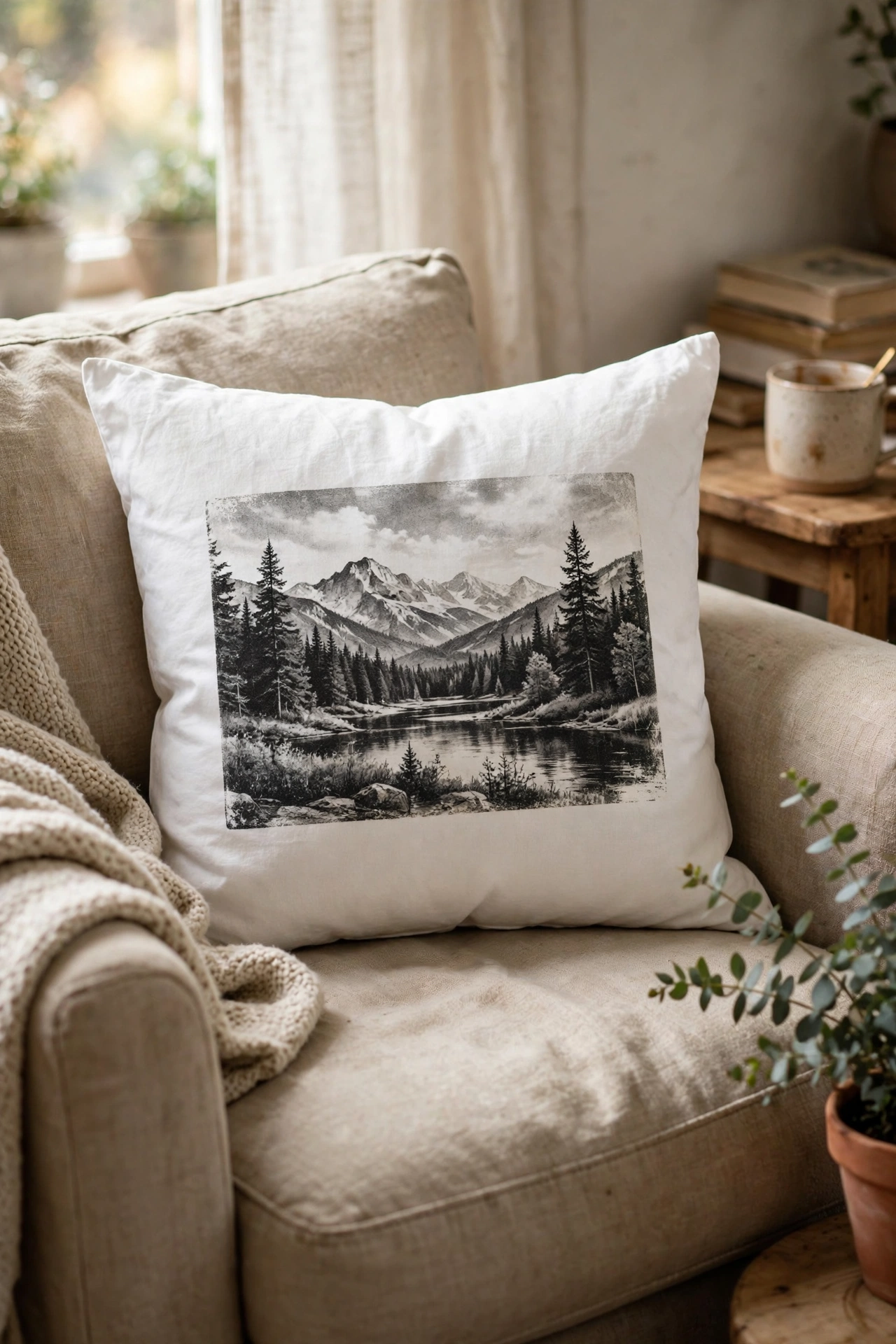White cushion with an ironed on black and white landscape photo