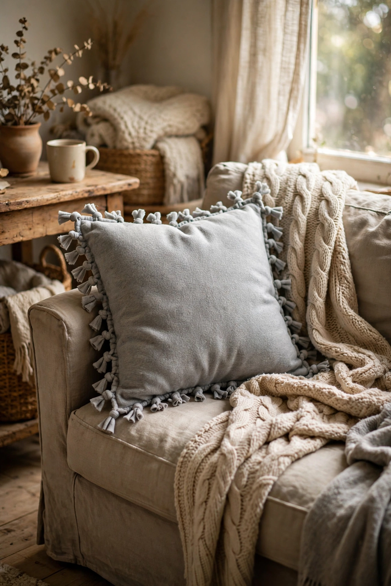 Tied fleece pillow with knotted fringe edge in soft grey