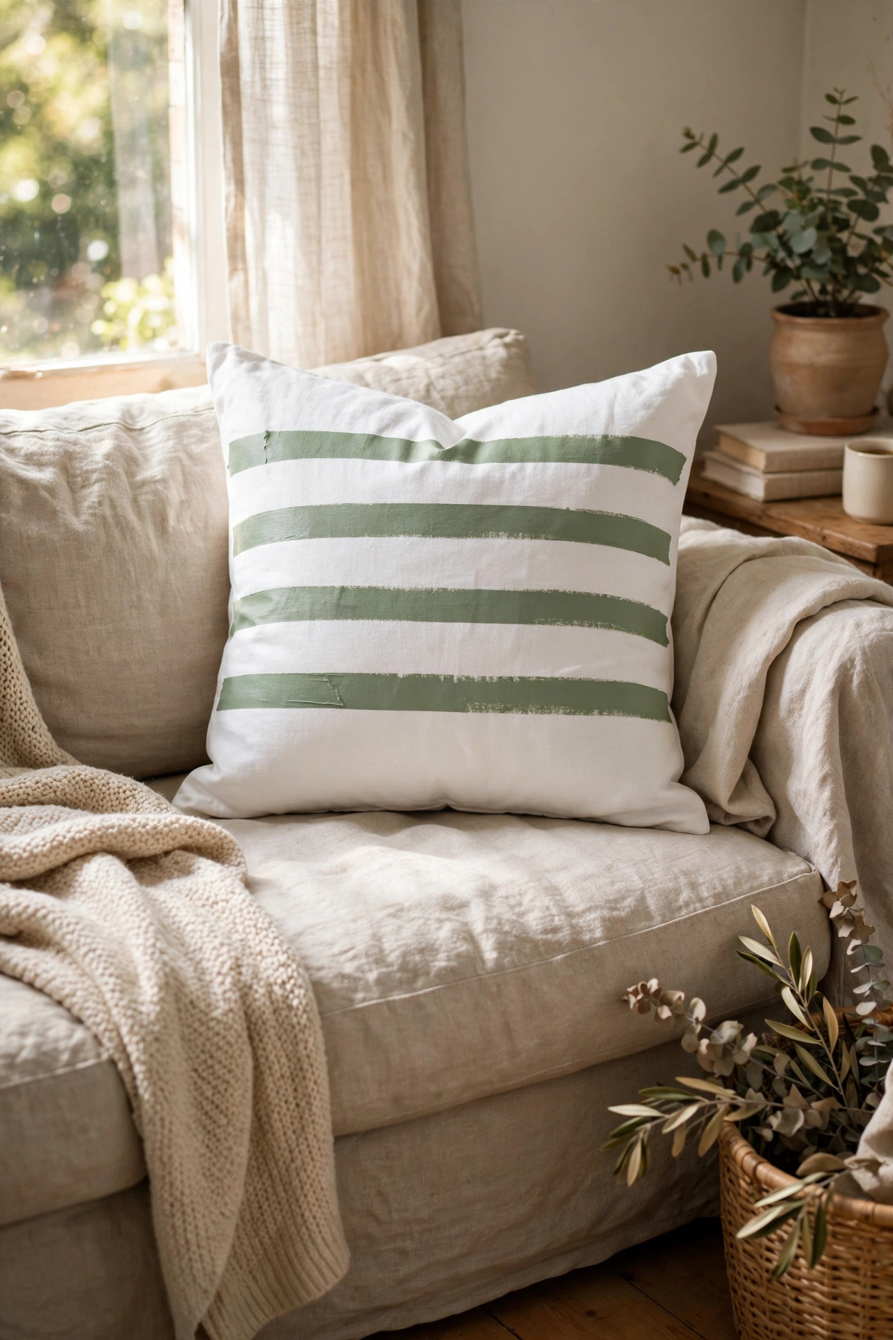 White cushion with sage green painted stripes