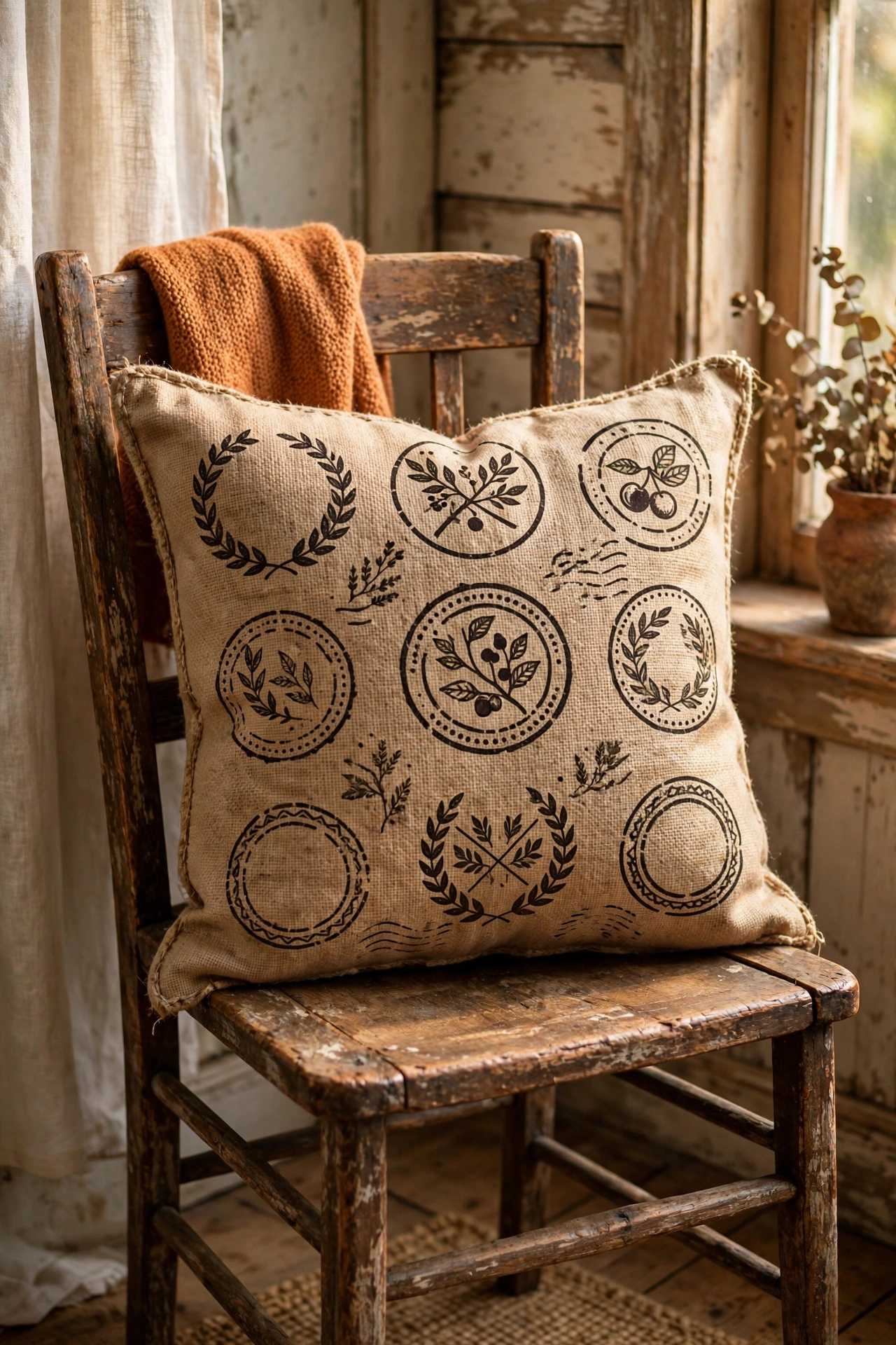Burlap coffee sack pillow with printed origin graphics