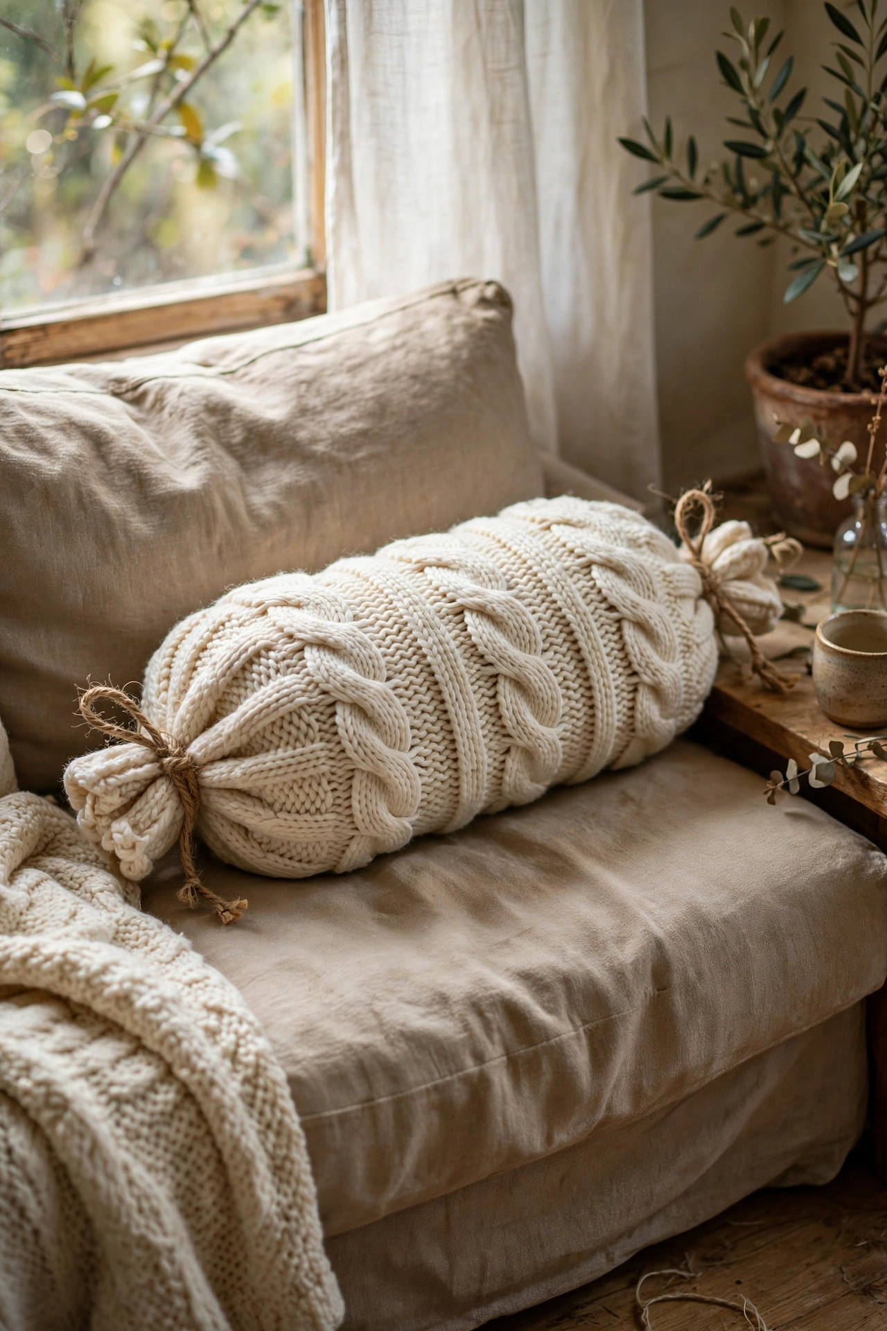 Chunky cream knit sweater sleeve lumbar pillow