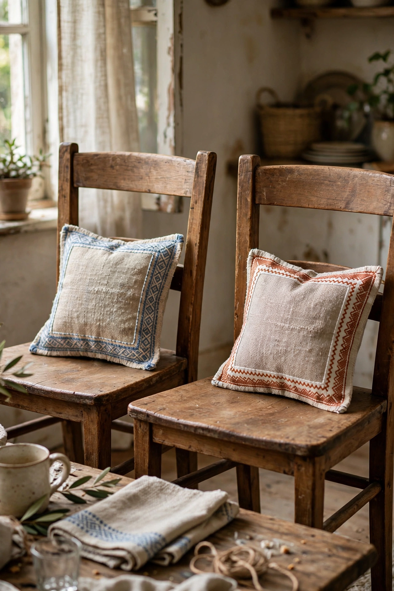 Small linen napkin envelope pillow covers on dining chairs