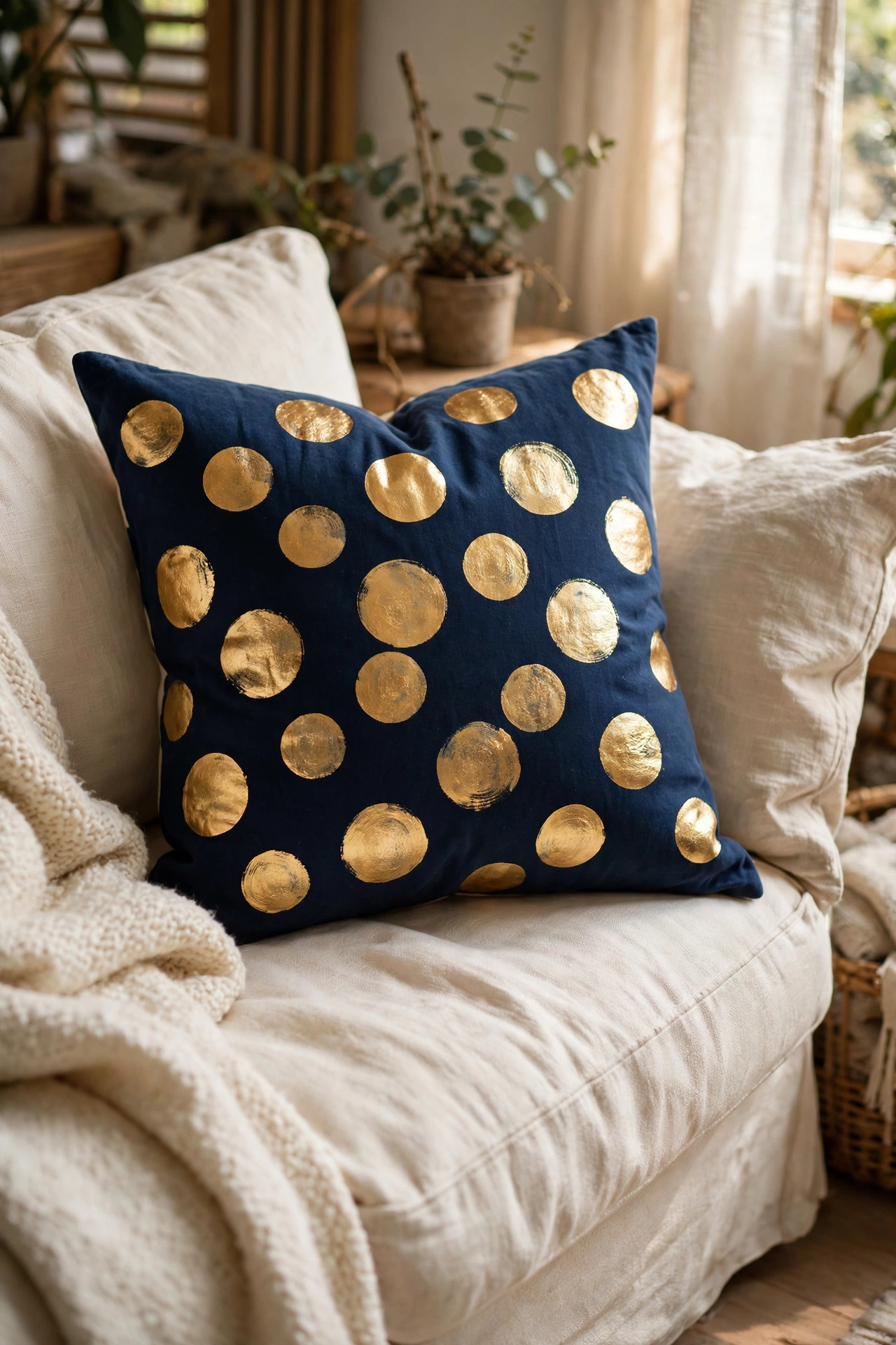 Navy cushion with hand painted gold polka dots