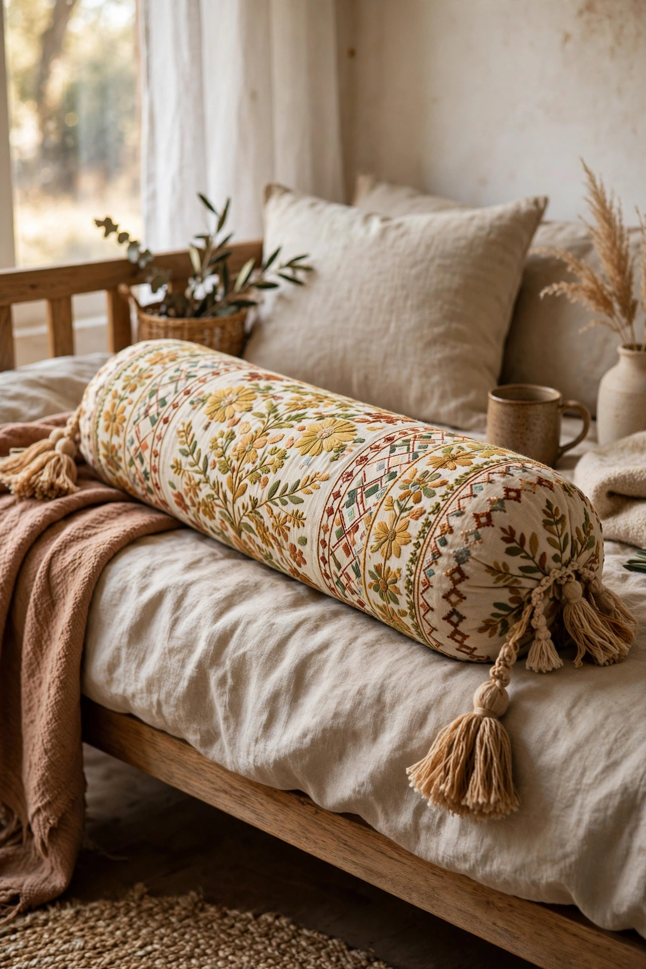 Embroidered table runner bolster pillow with tasselled ends