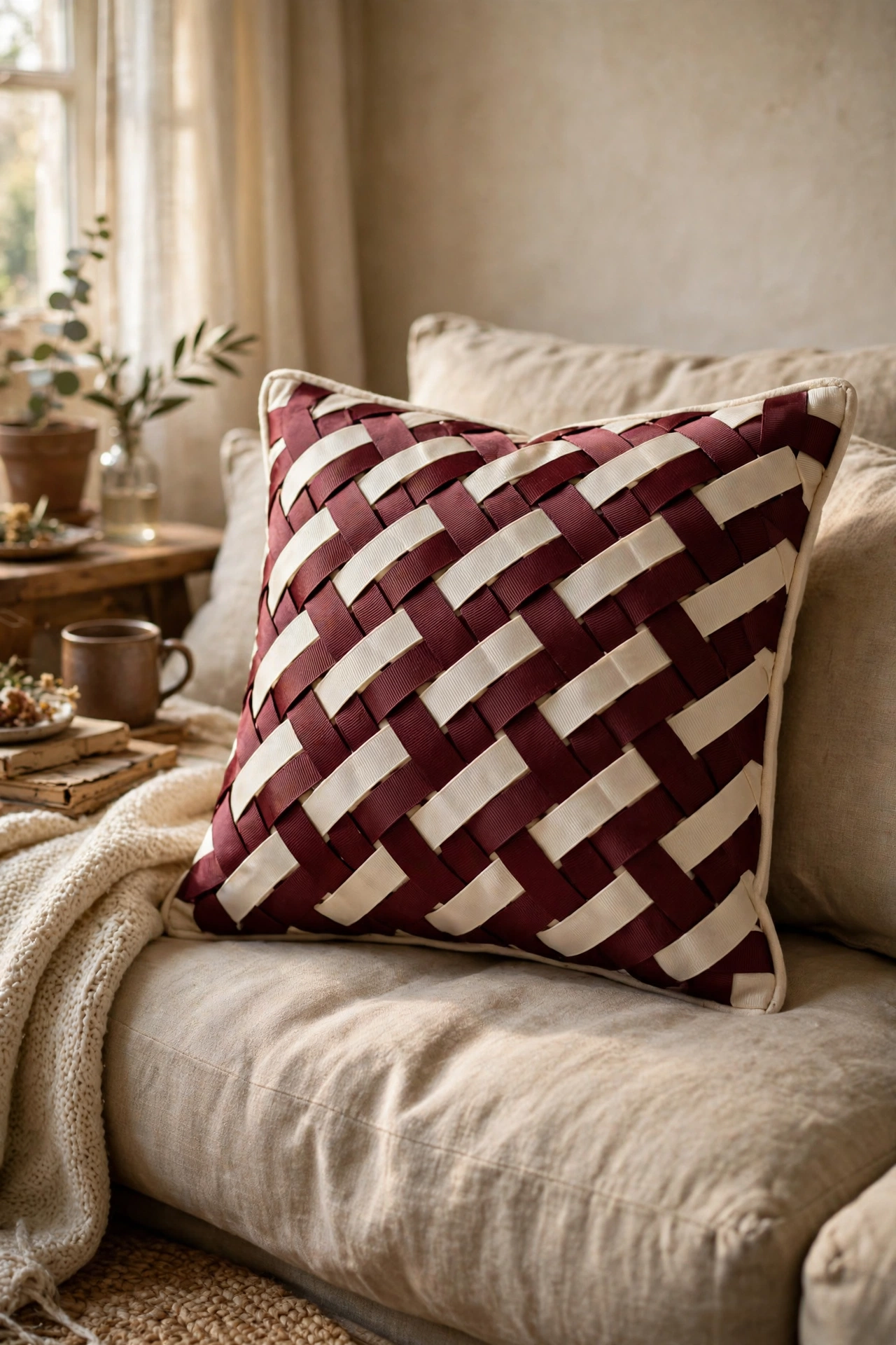 Throw pillow with woven grosgrain ribbon basketweave front