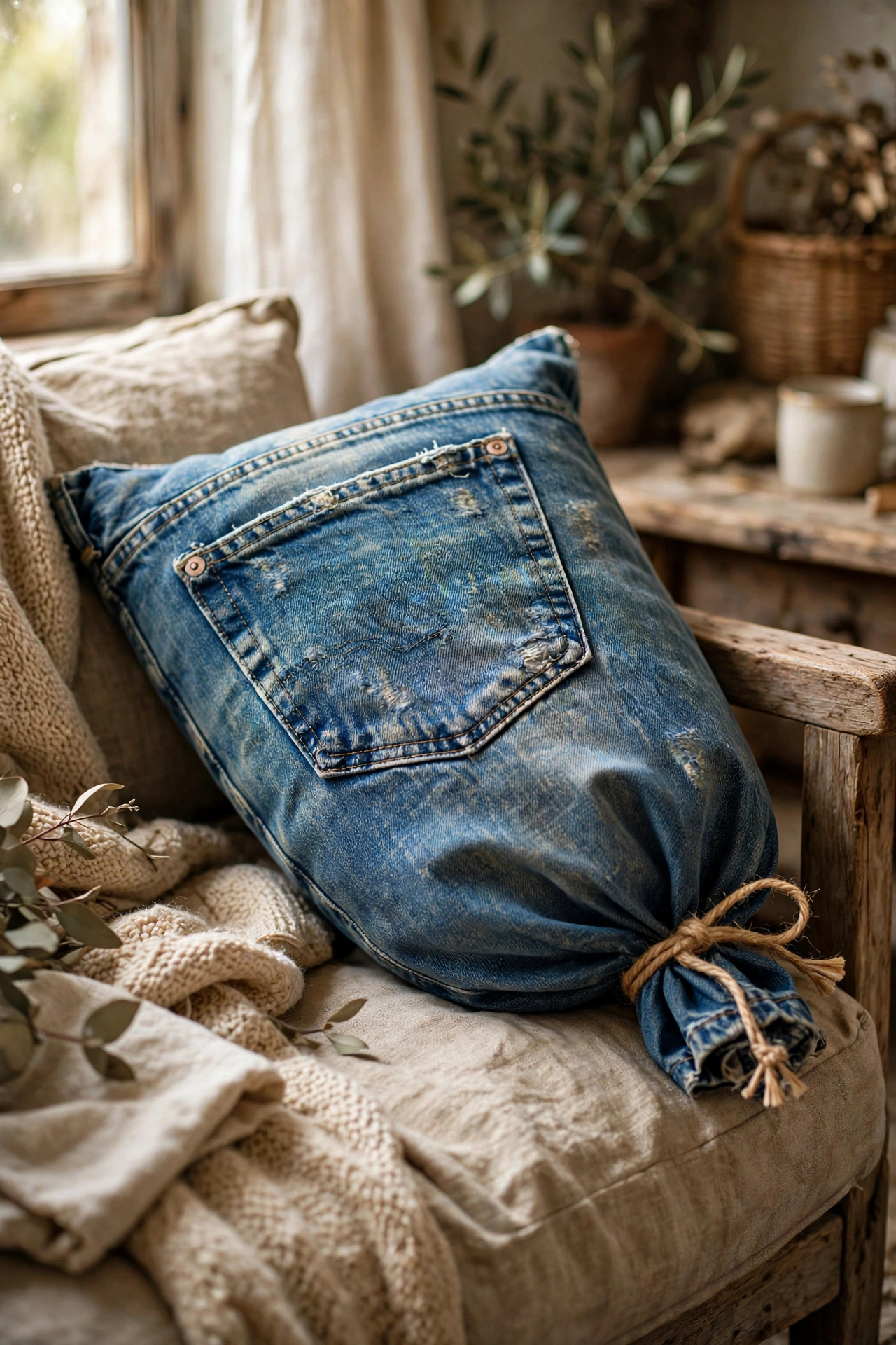 Casual pillow made from a worn jeans leg with pocket detail