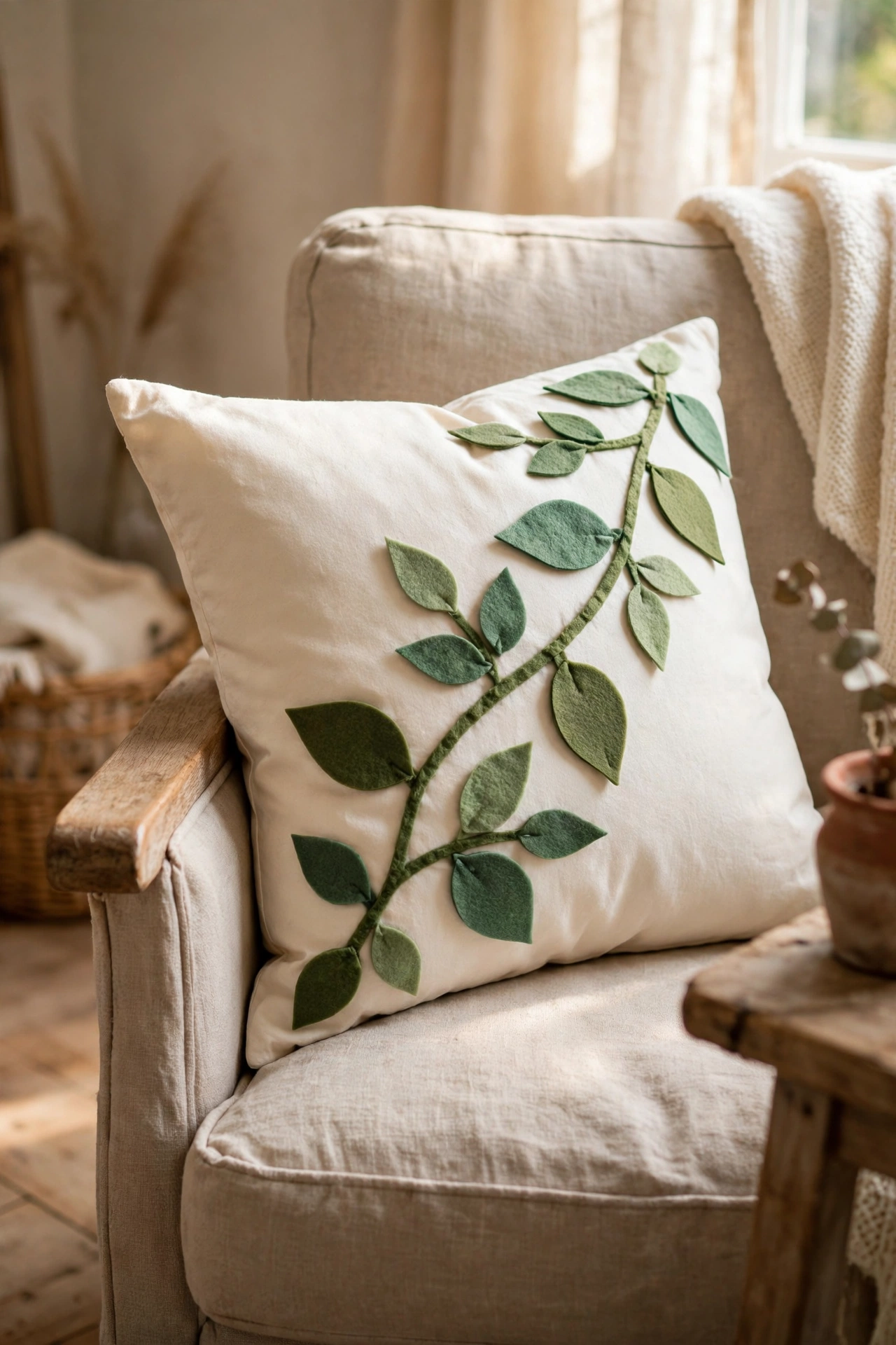 Cream cushion with green felt leaf applique vine pattern