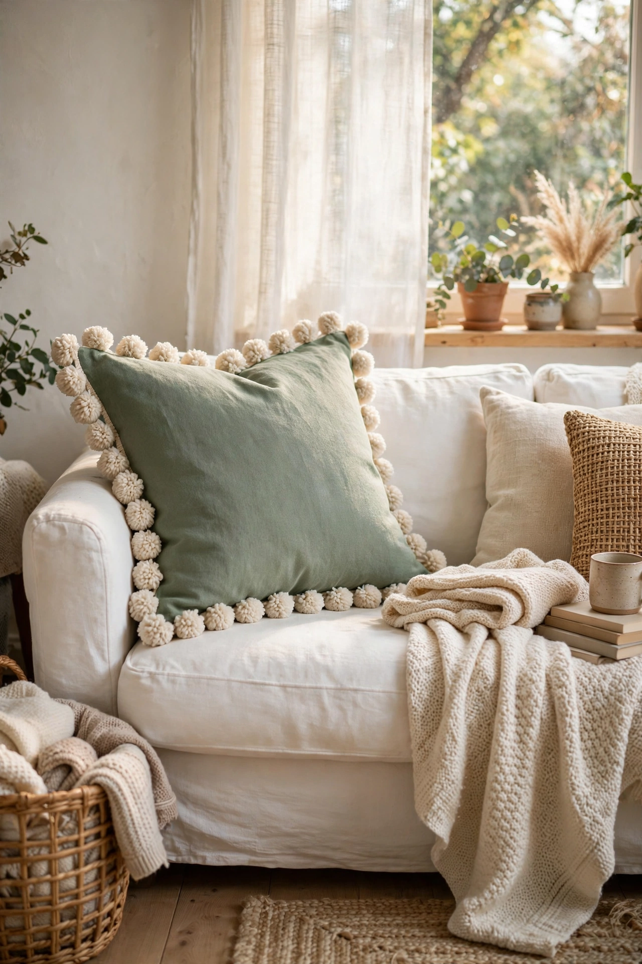 Sage cushion with chunky cream pom-pom trim edging